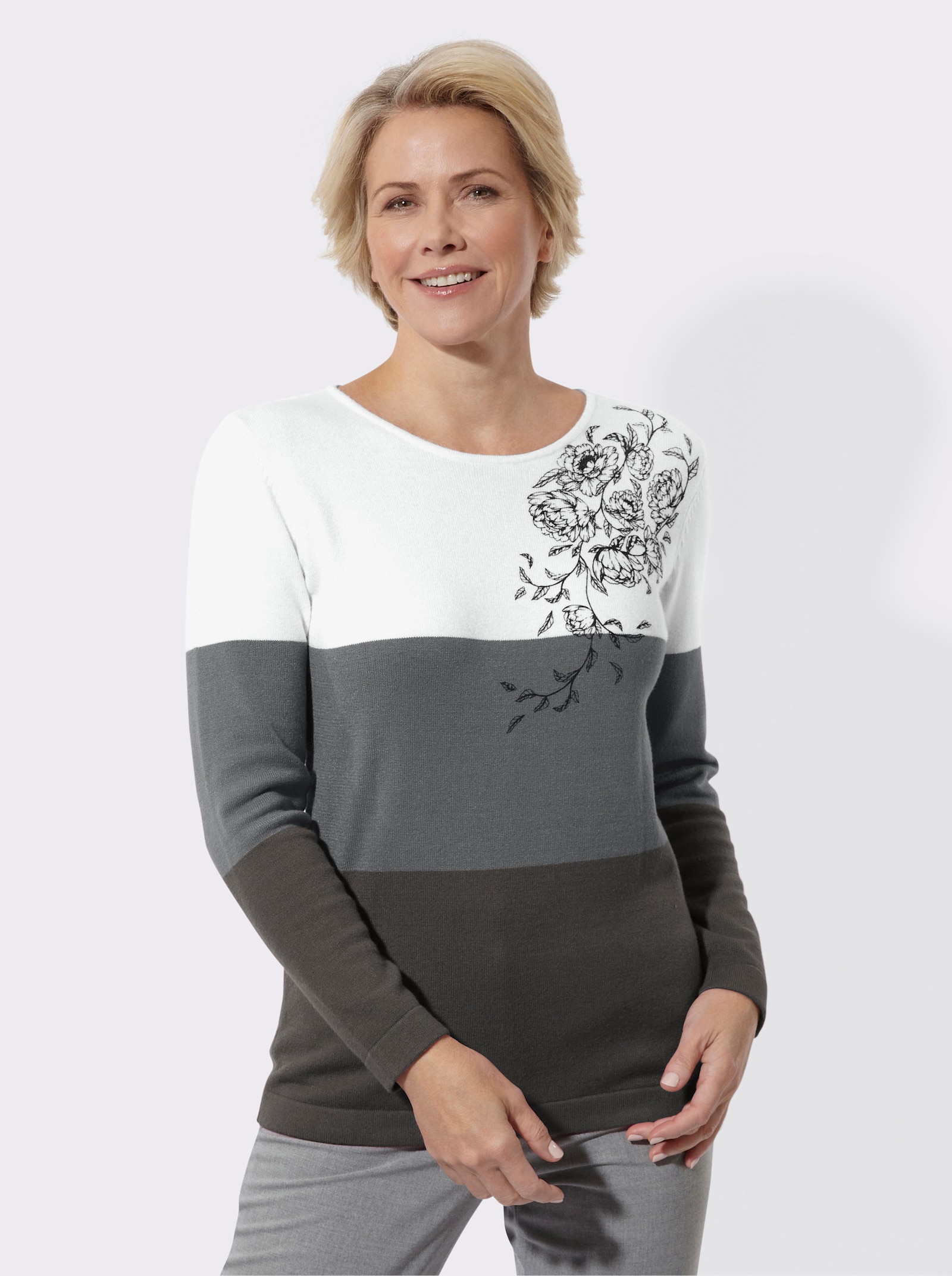Langarm-Pullover mit platziertem Druck - anthrazit-ecru-gemustert