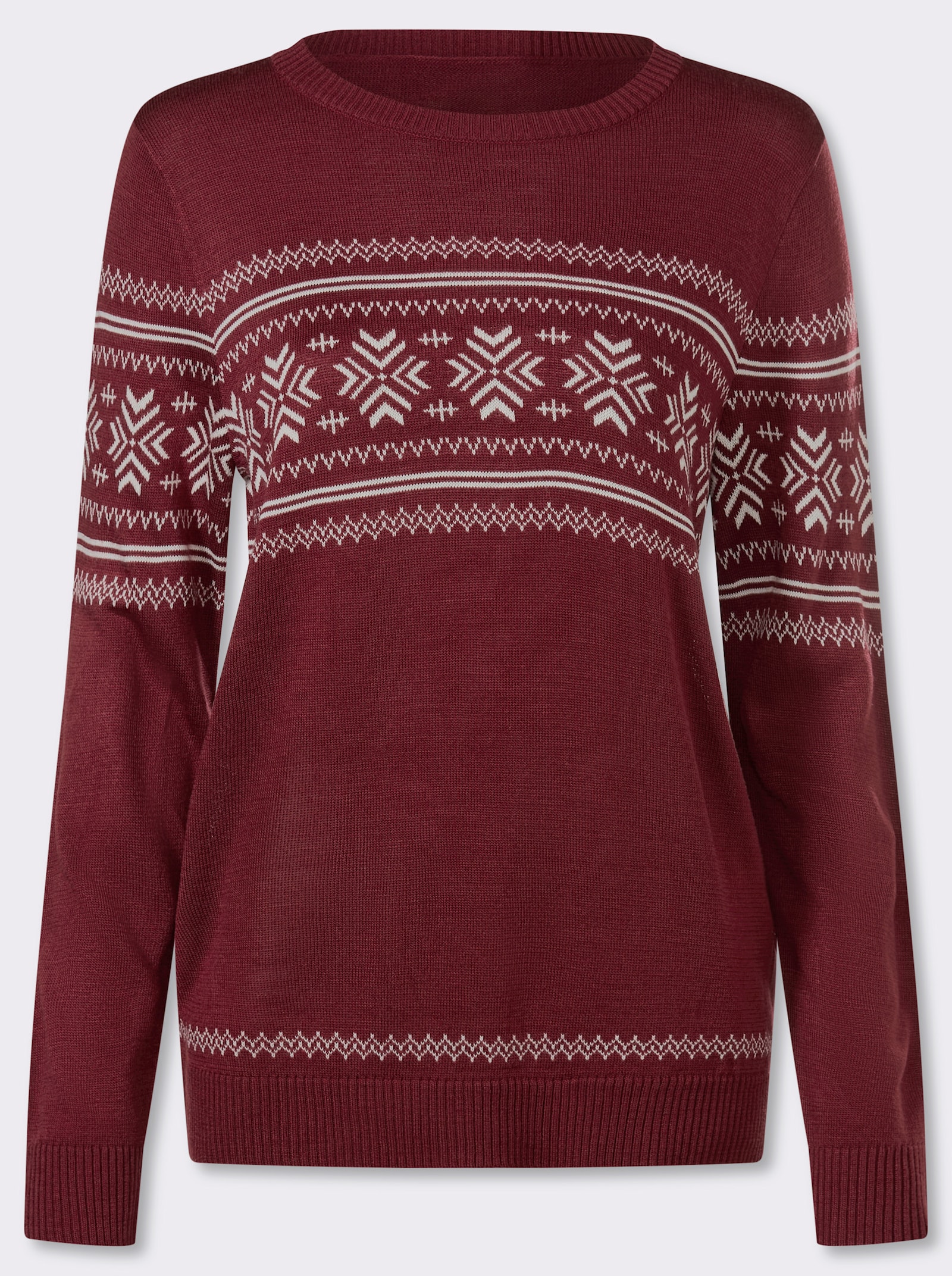 Langarm-Pullover mit Jacquardmuster - dunkelrot-ecru