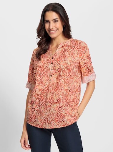 Druckbluse im farbharmonischen Grafikmuster - elfenbein-papaya-bedruckt