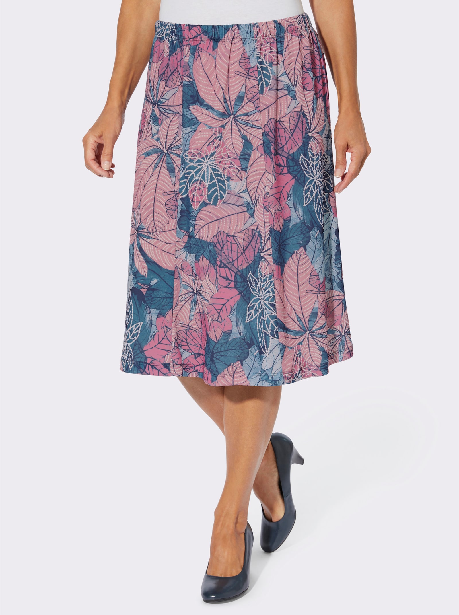 Jerseyrock in Bahnenform - jeansblau-altrosa-bedruckt