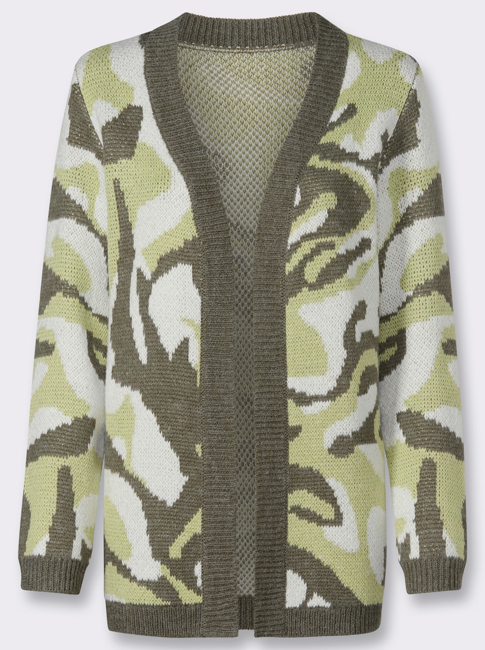 Jacquardstrickjacke in offener Form - pistazie-khaki-gemustert