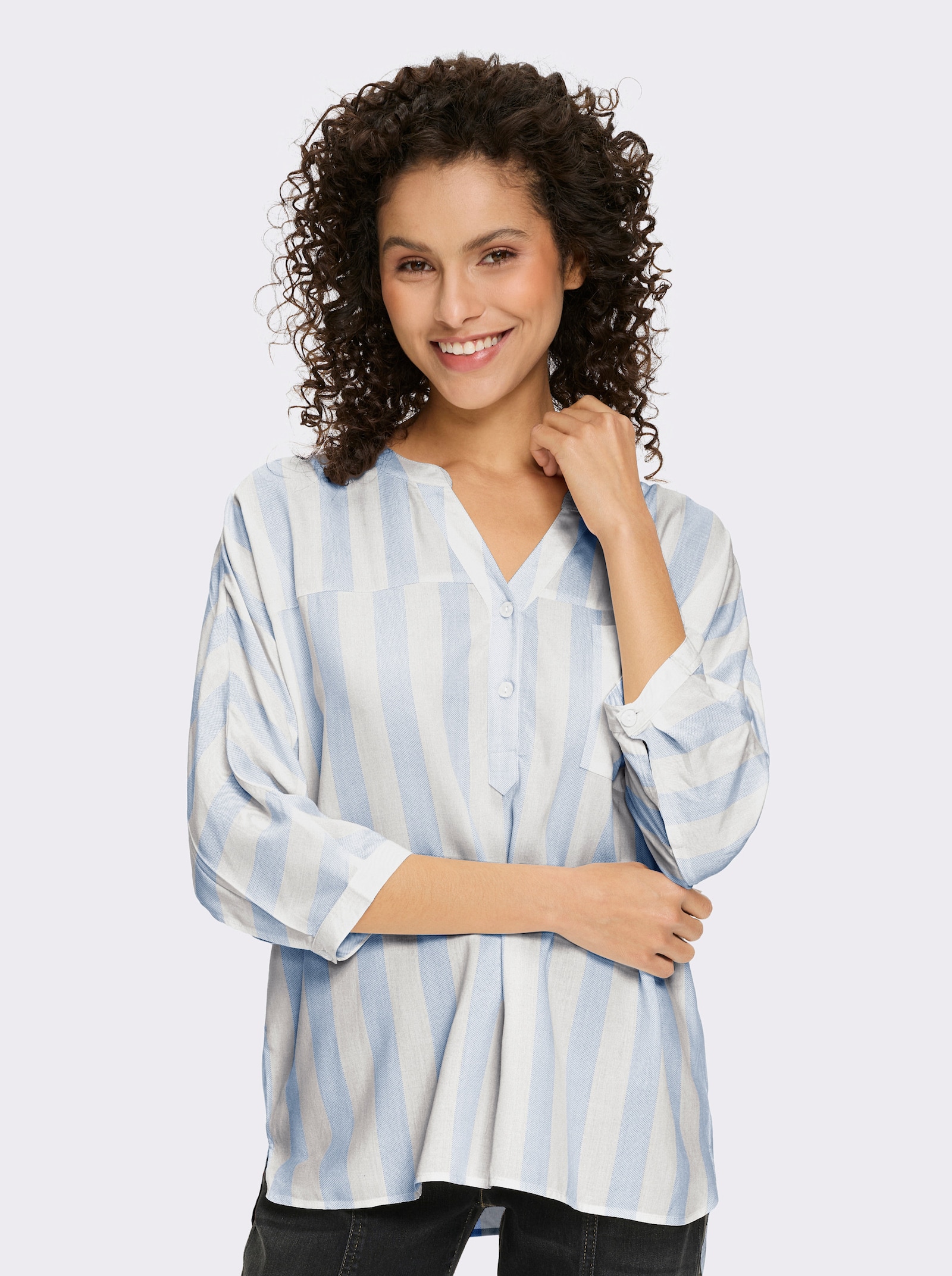 heine Gestreifte Bluse mit Fledermausärmeln - ecru-himmelblau-gestreift