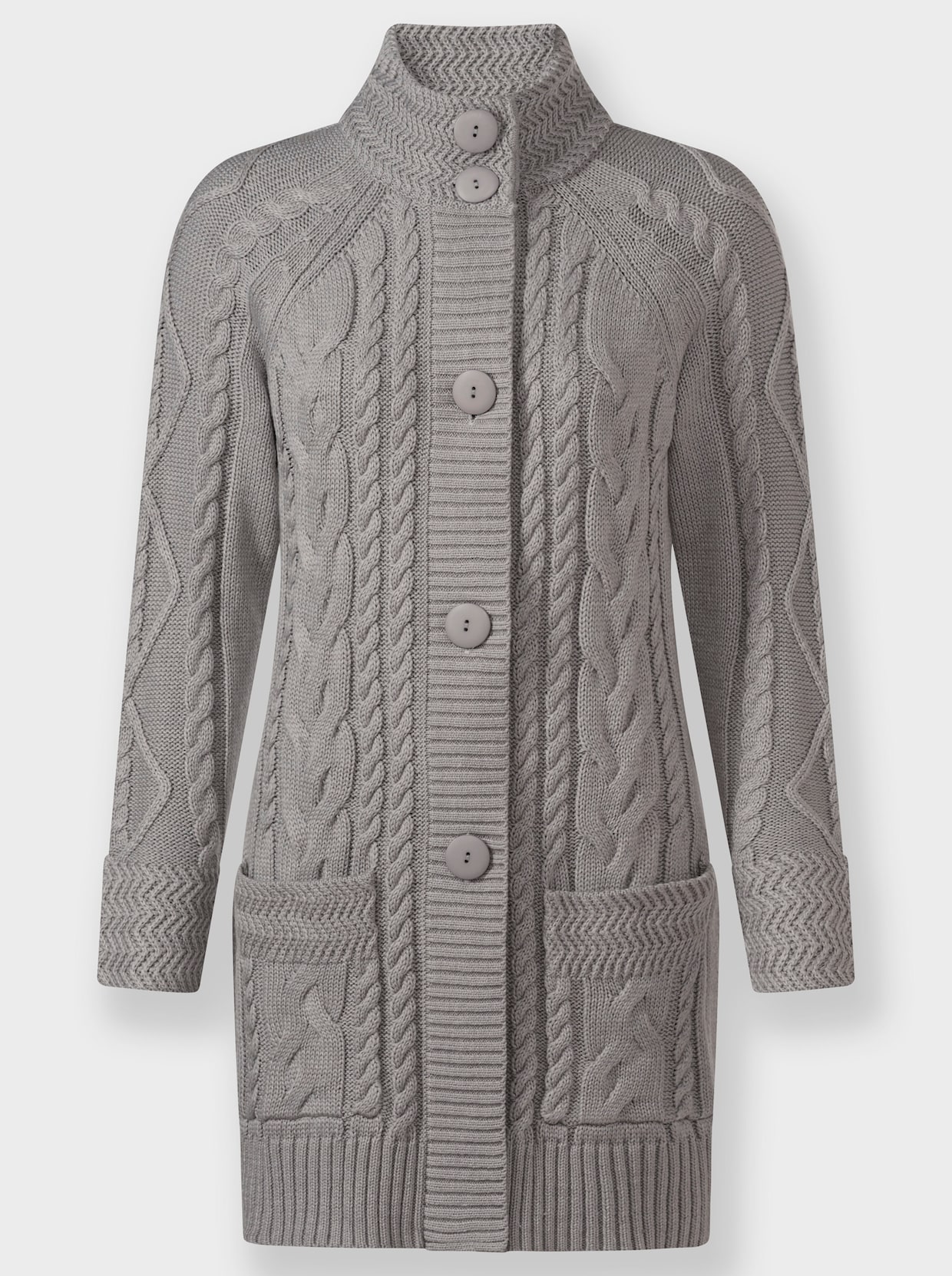 Longstrickjacke mit Einstrickmuster - steingrau-meliert