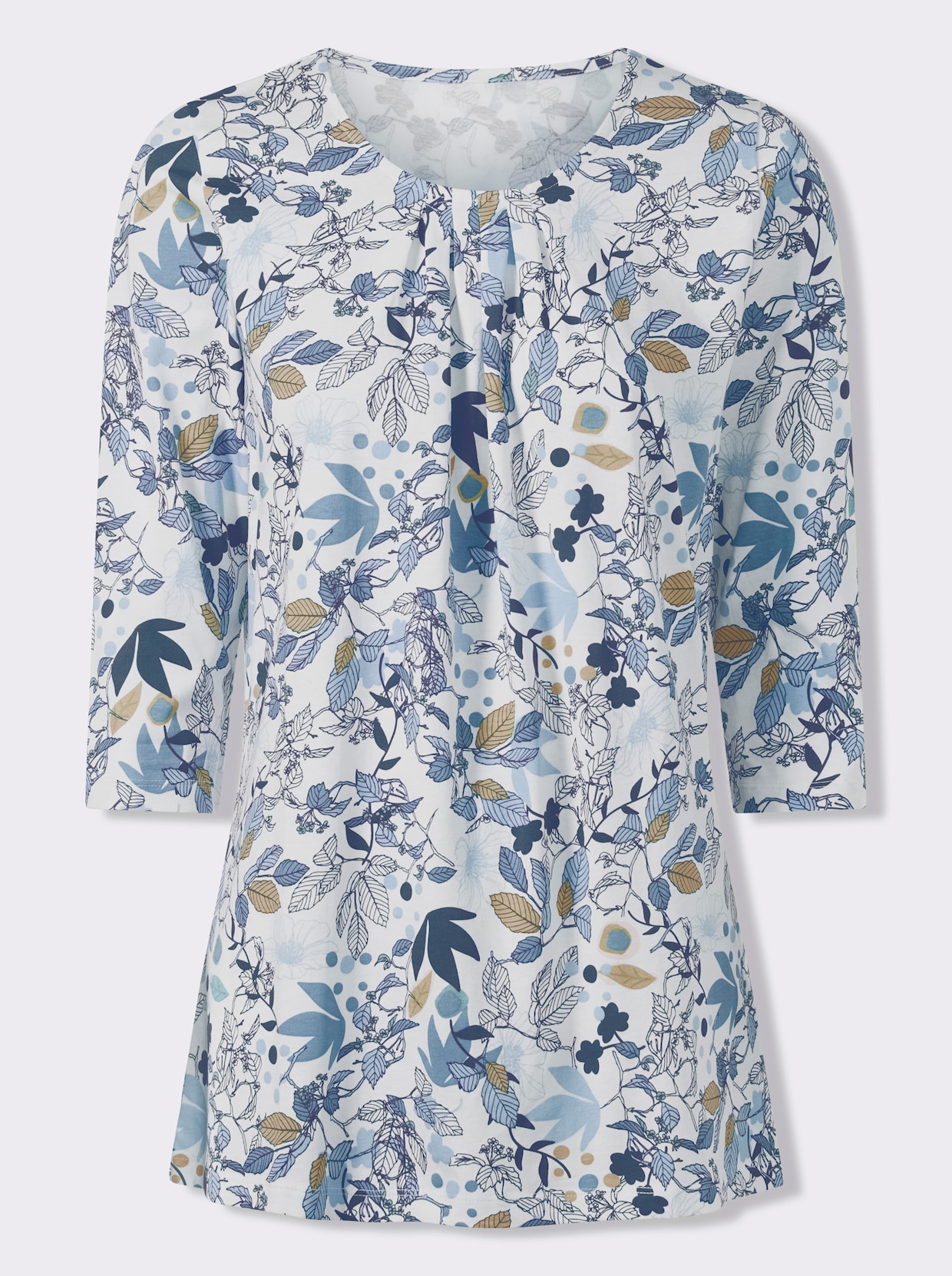 Longshirt in A-Form - taubenblau-ecru-bedruckt