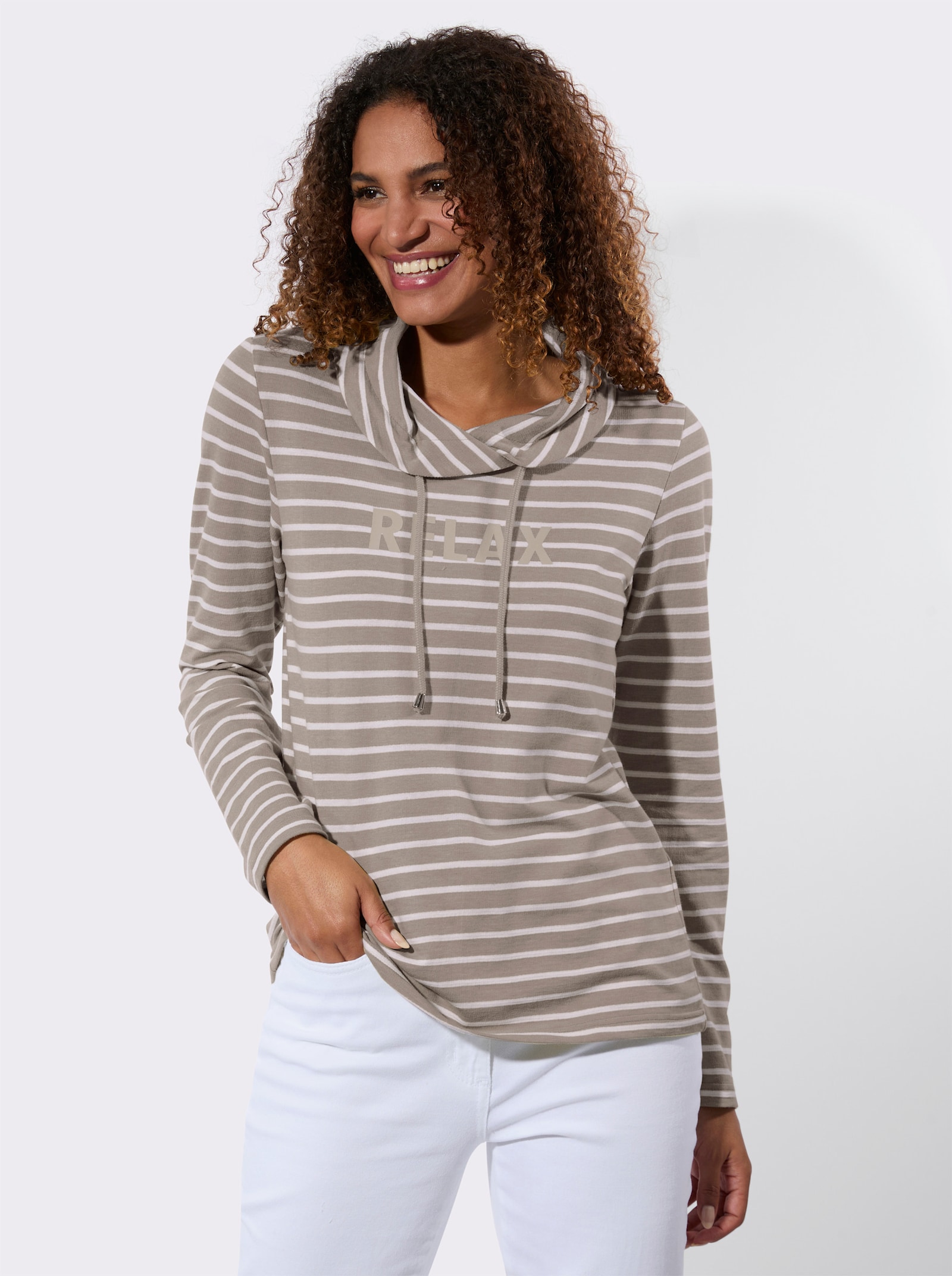 Sweatshirt mit regulierbarem Rollkragen - taupe-weiß-geringelt