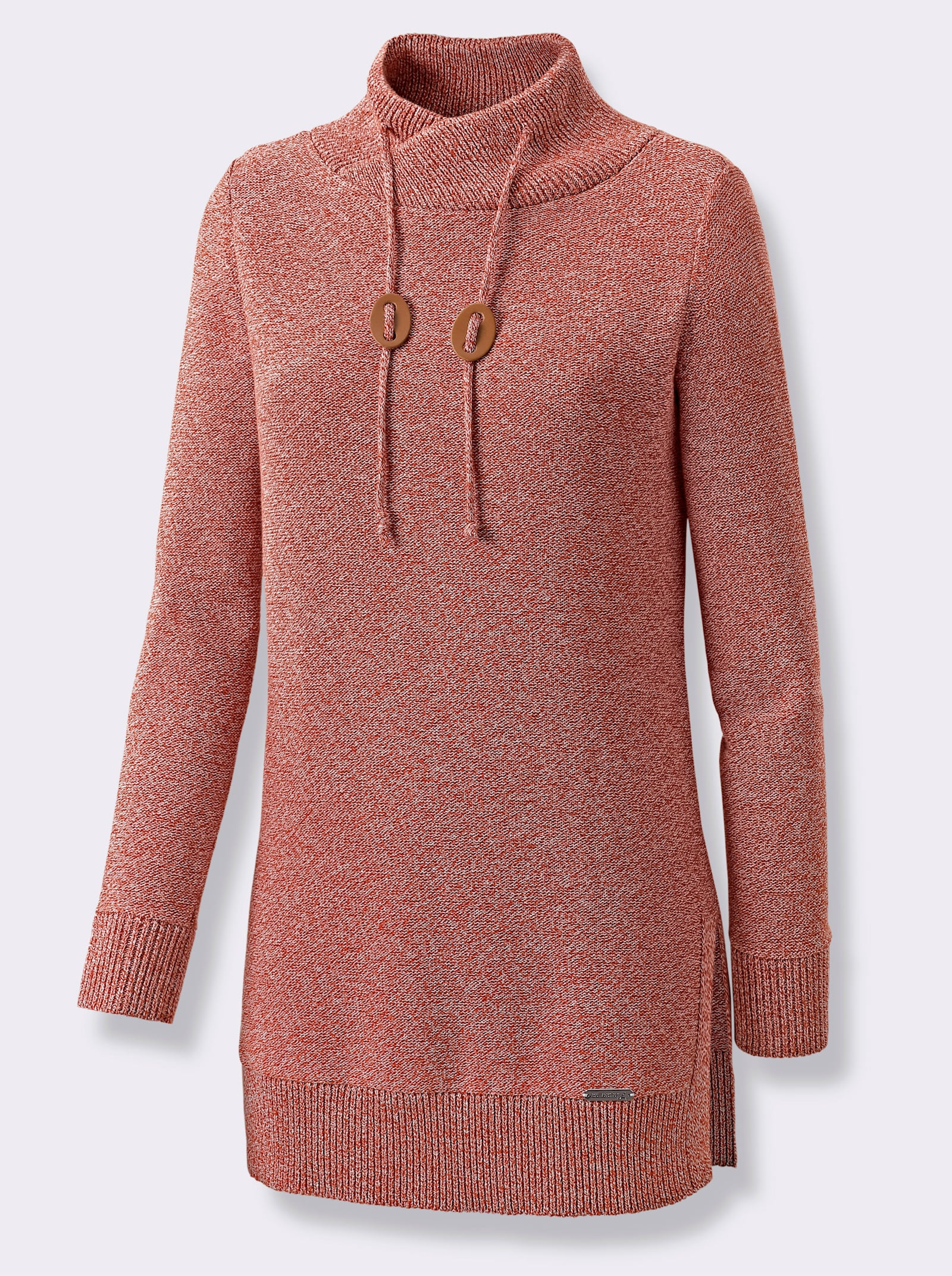 Longpullover mit langen Seitenschlitzen - rostrot-ecru-meliert