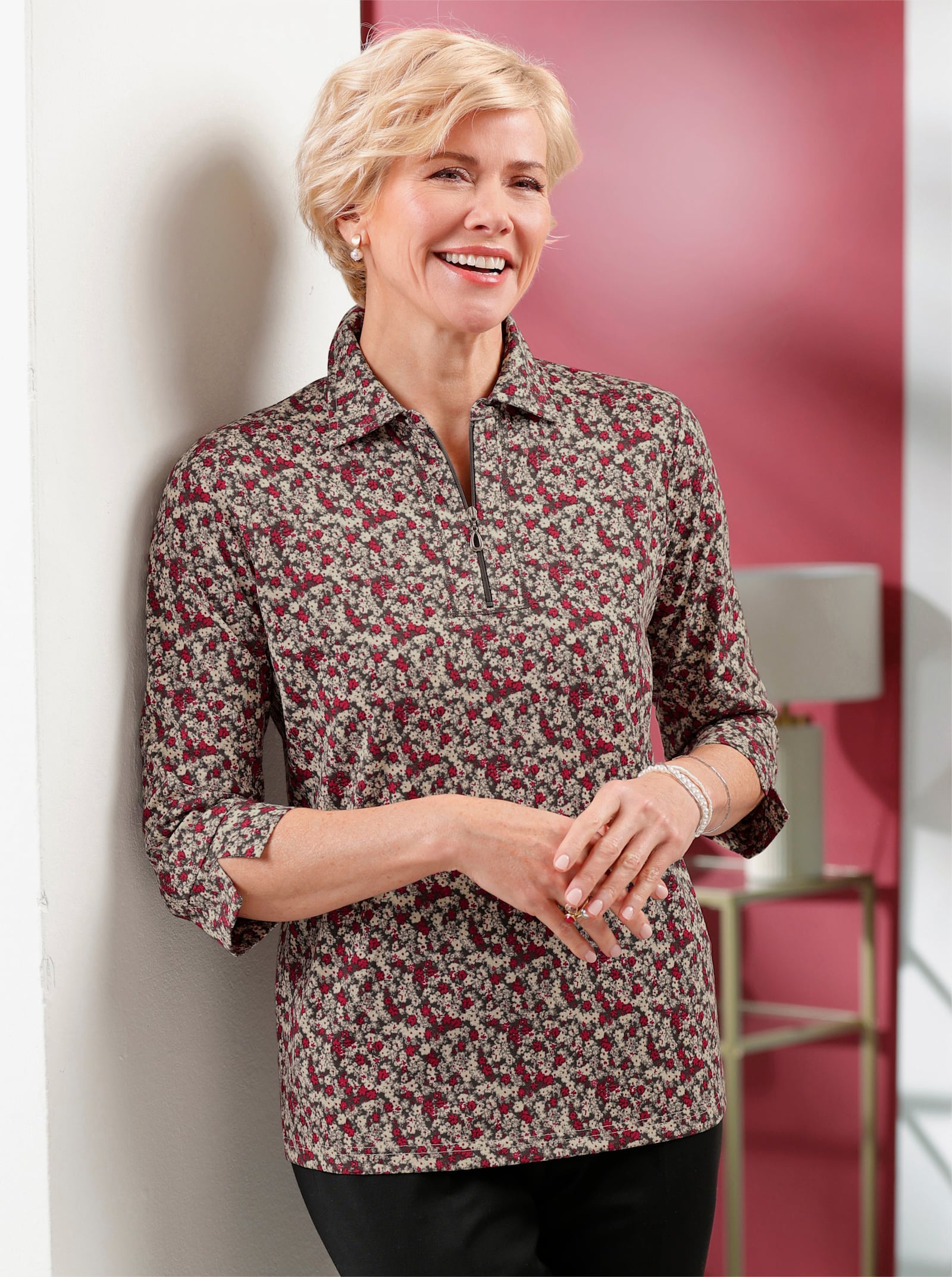 Poloshirt met glittersteentjes - rood/steengrijs bedrukt