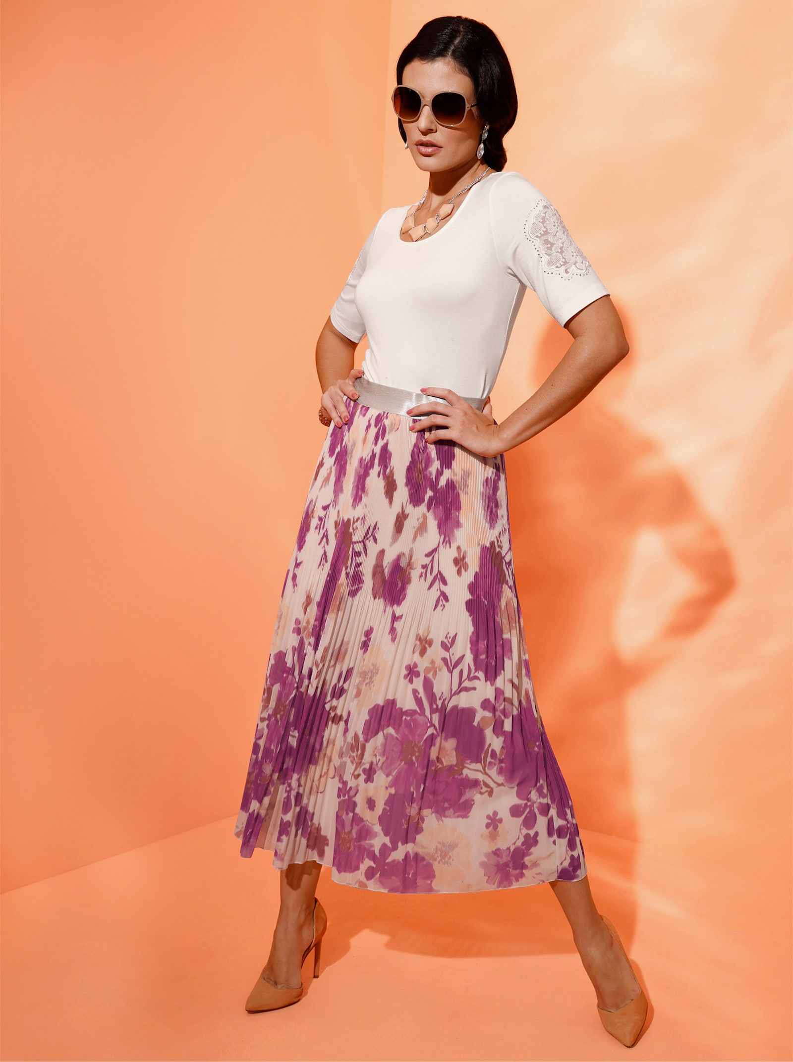 Plisseerock mit Viskose-Futter - elfenbein-fuchsia-bedruckt