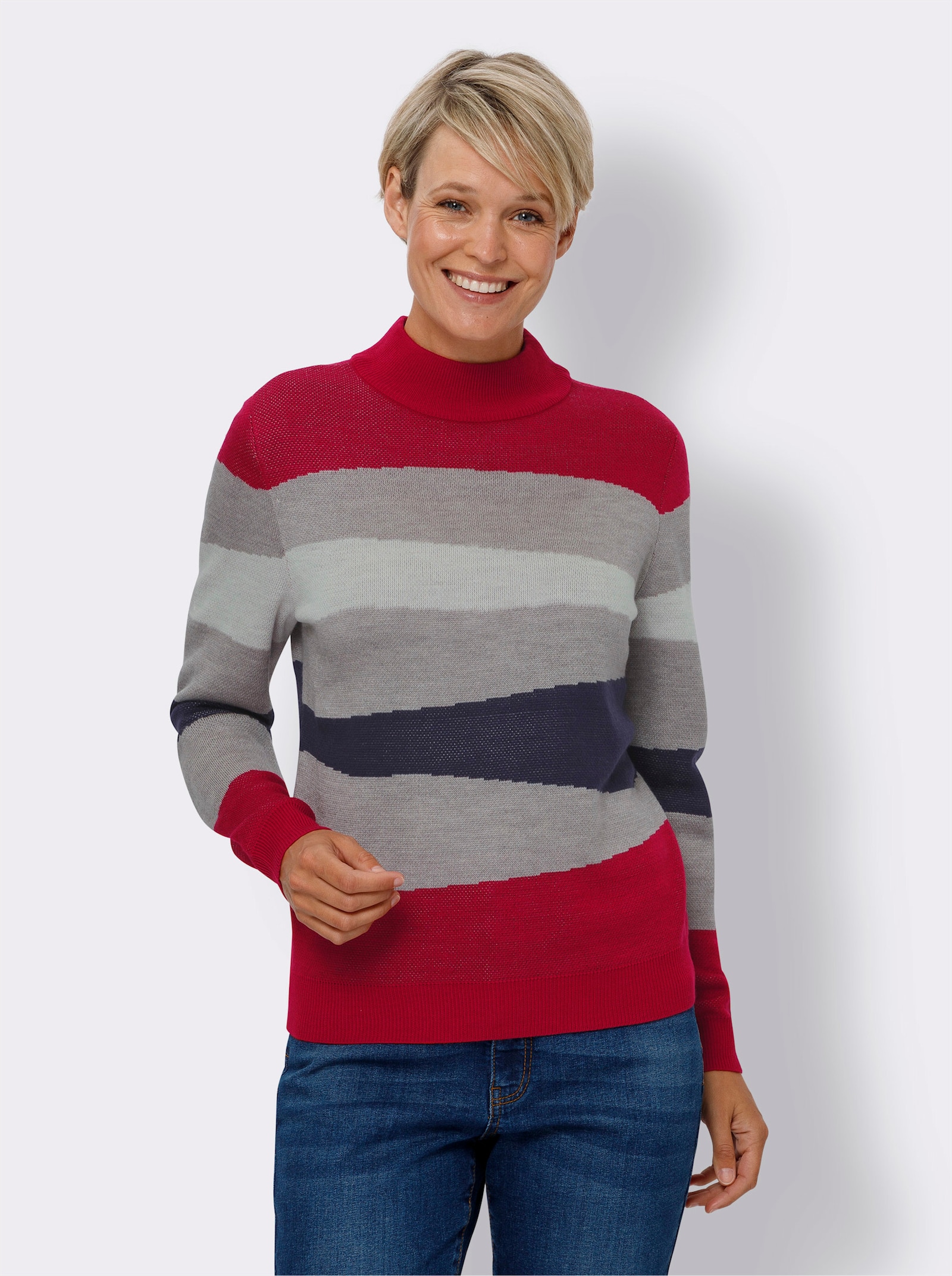 Stehkragenpullover in Jacquard-Strick - grau-meliert-rot-gemustert