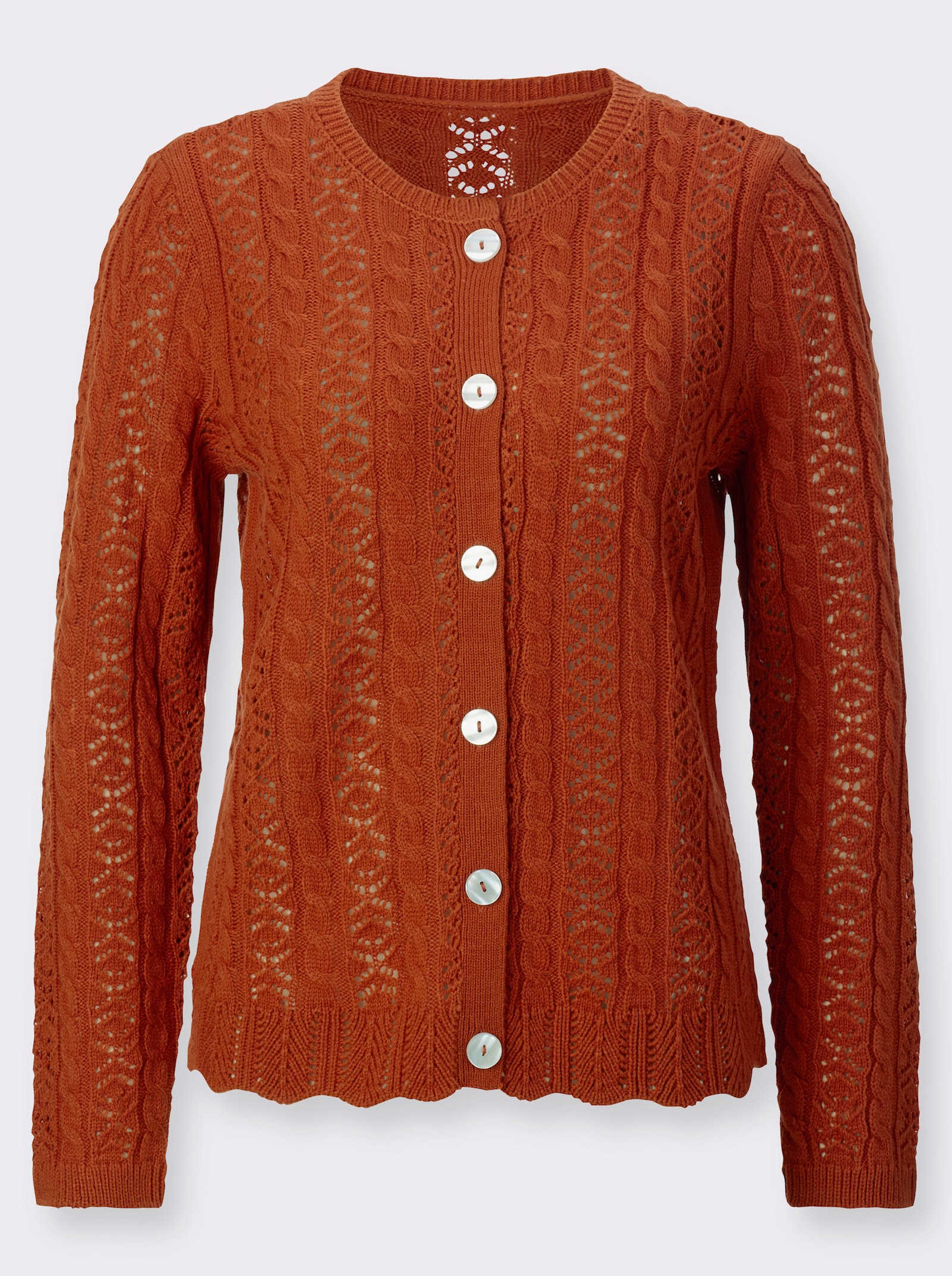 Ajourstrickjacke mit Wellensaum - rostrot