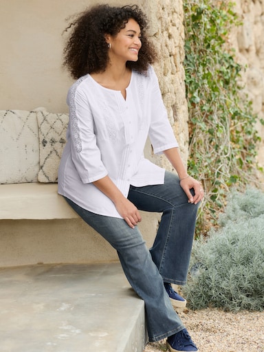 Baumwollbluse mit Biesen und Spitzen-Details - weiß
