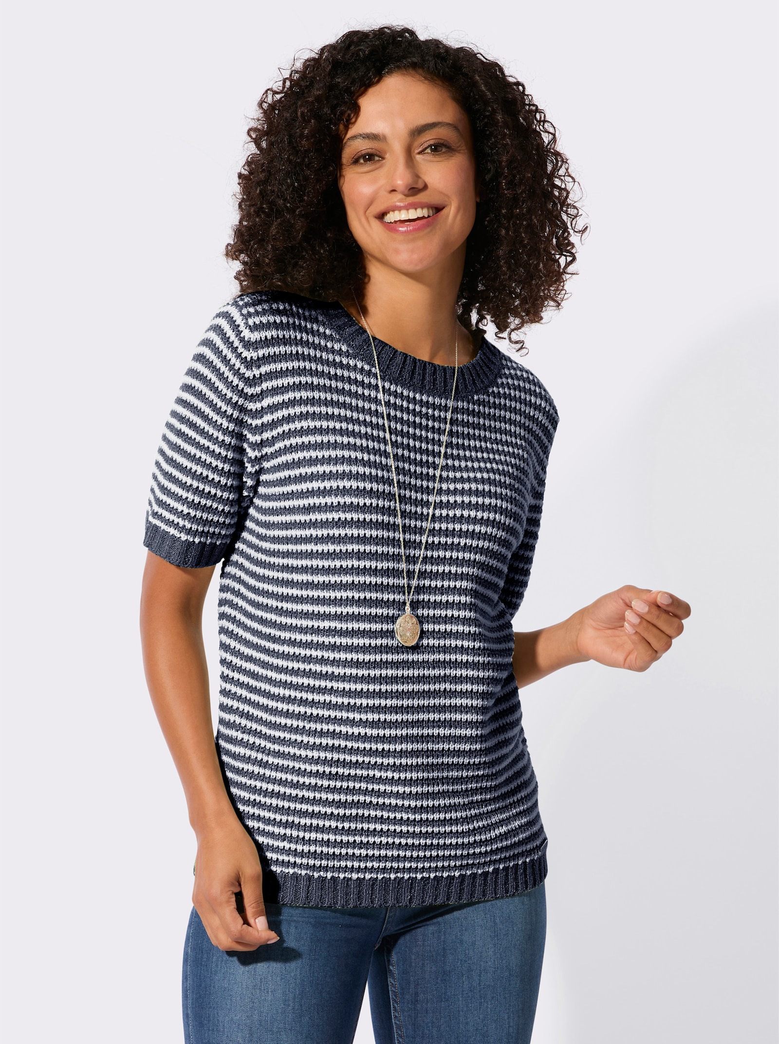 Kurzarmpullover im Ringelmuster - marine-ecru-geringelt
