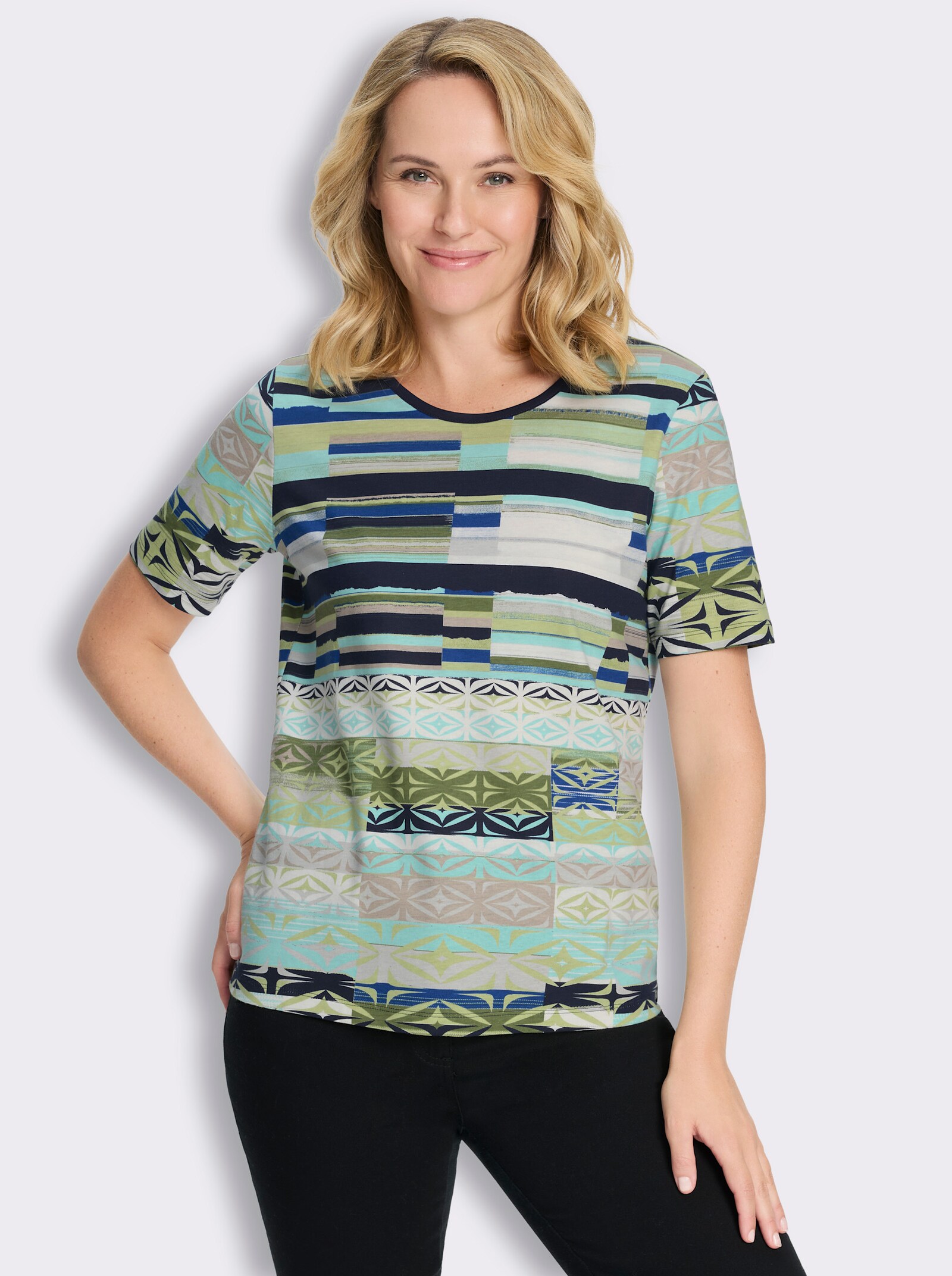Kurzarmshirt mit grafischem Druck - khaki-sesam-bedruckt