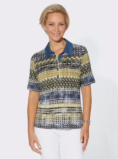 Poloshirt aus Viskose-Stretch, bedruckt - jeansblau-pistazie-bedruckt