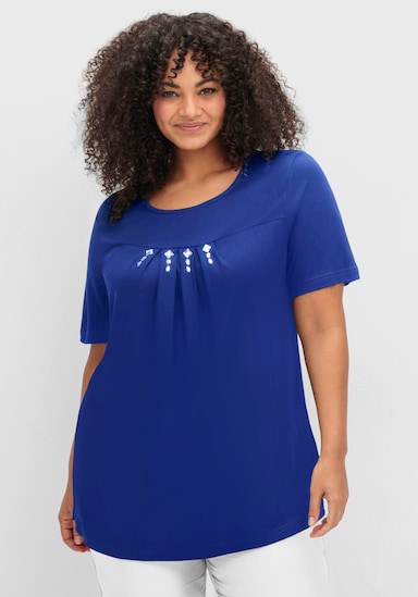 Kurzarmshirt mit Ziersteinchen, reine Viskose - schwarz