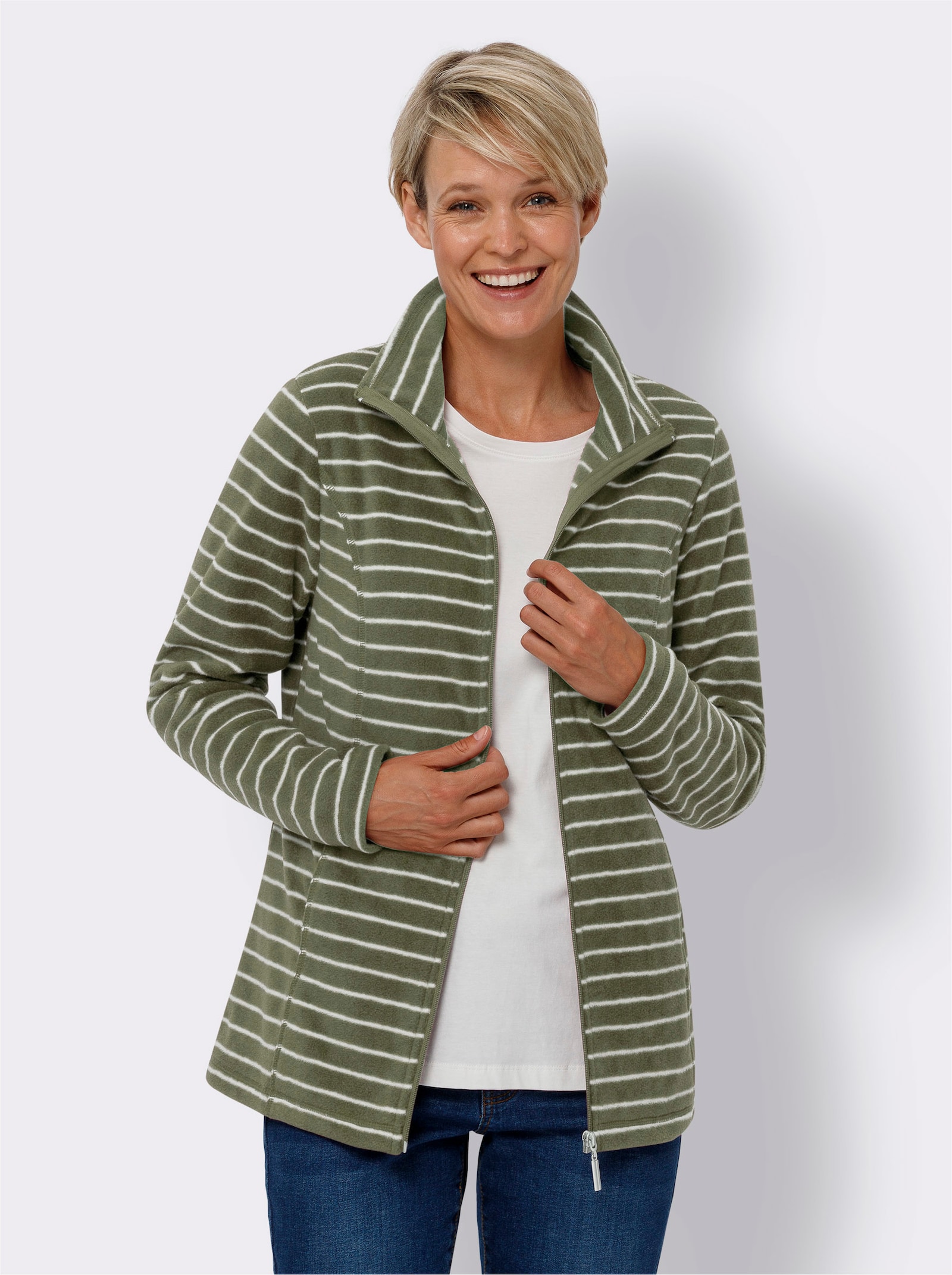 Fleecová bunda na jaro a podzim - khaki-ecru-proužek