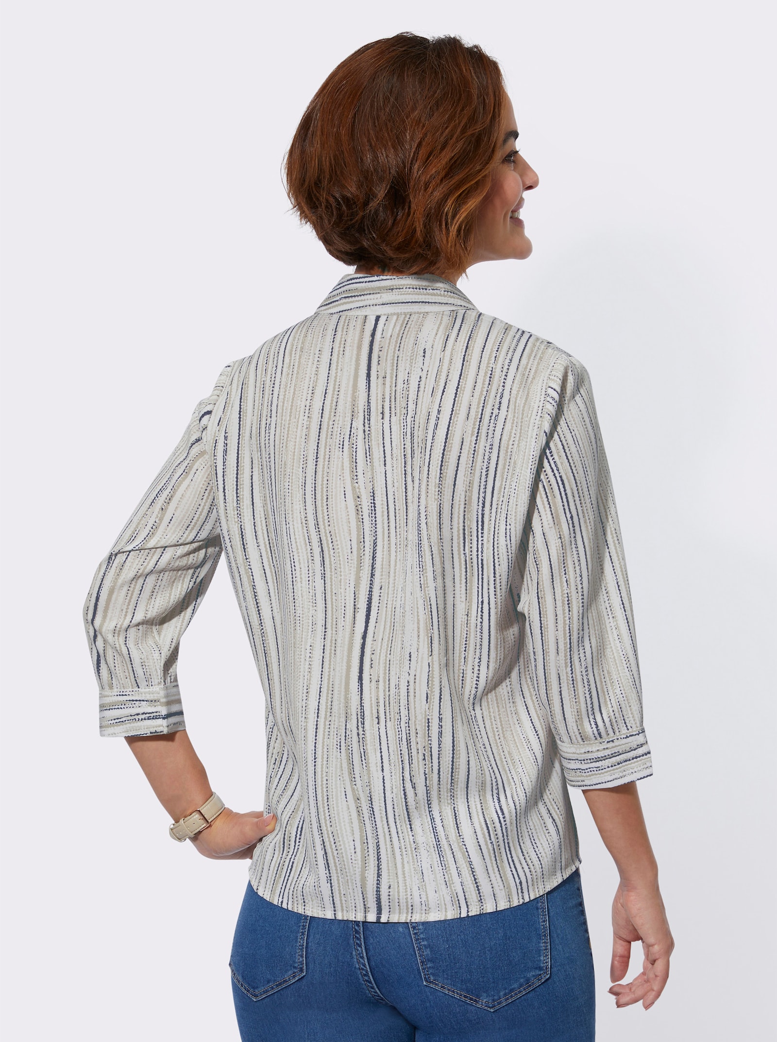 Gestreepte blouse met afgeronde zoom - zand/ecru bedrukt