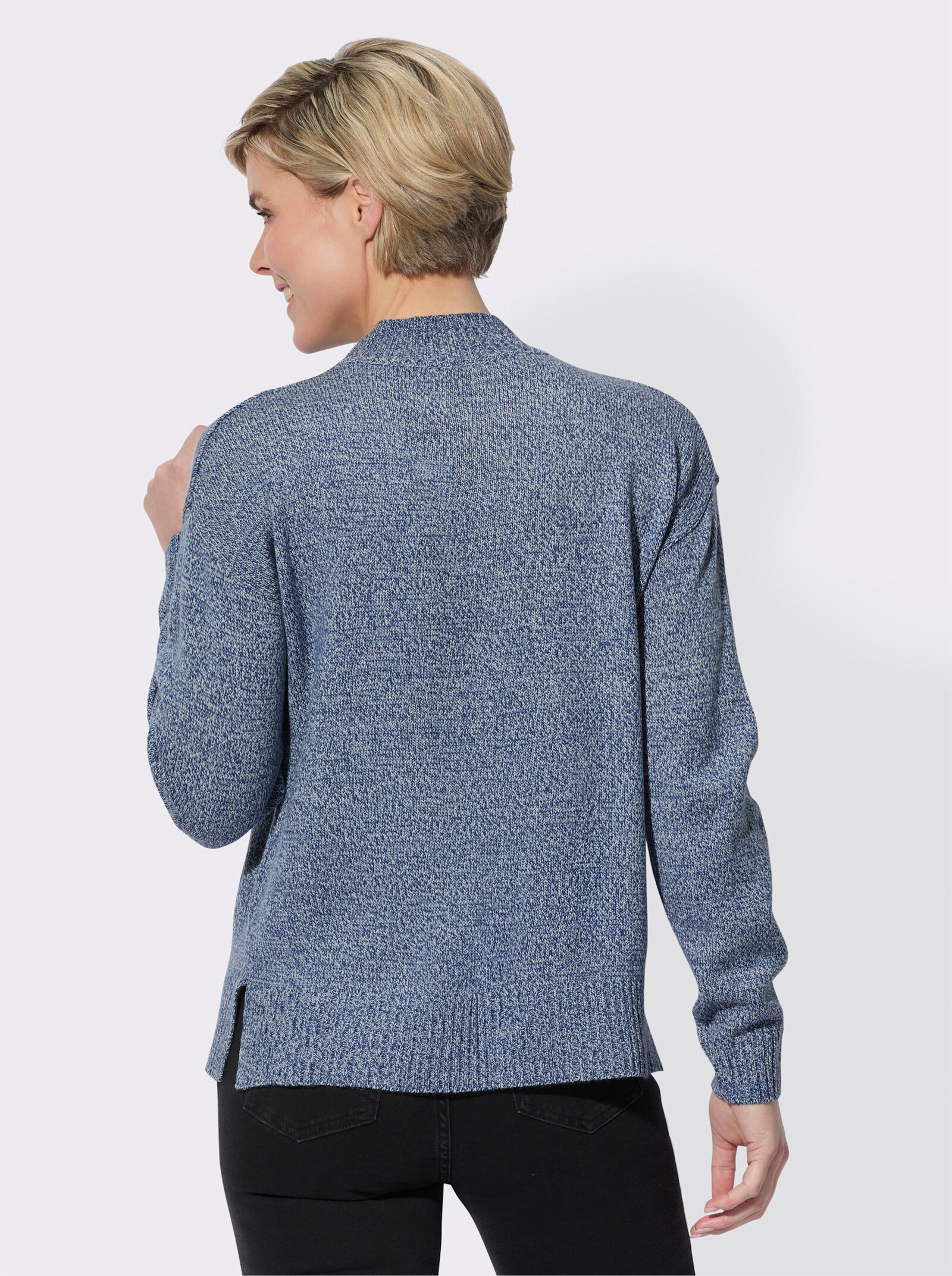 Stehkragenpullover mit Ziernaht, mittig - jeansblau-meliert