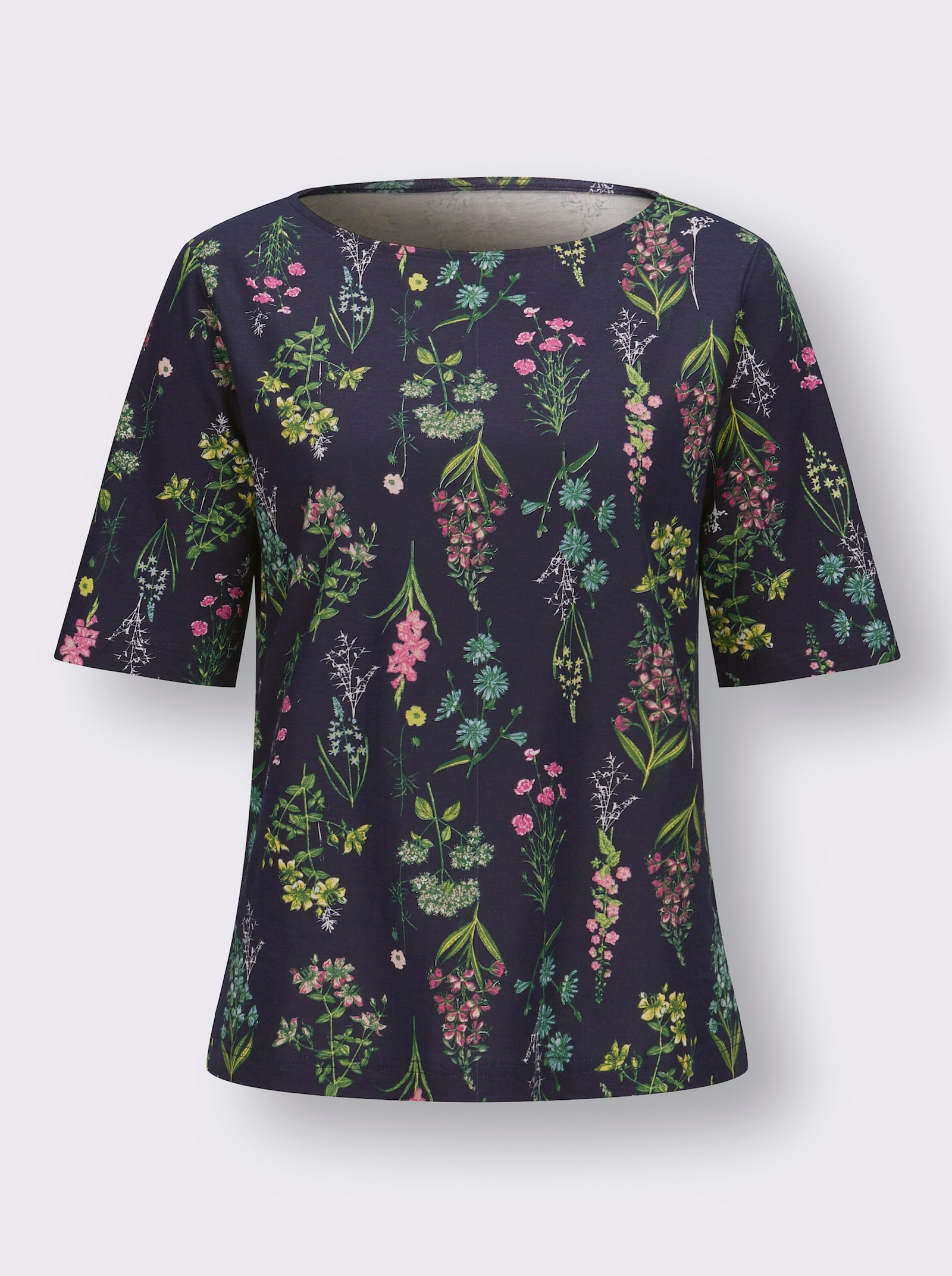 Rundhalsshirt im floralen Dessin - marine-altrosa-bedruckt