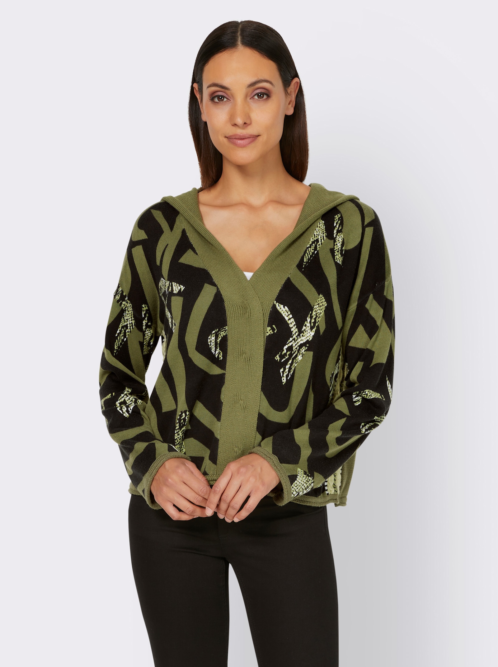 heine Veste en tricot à capuche avec patte de boutonnage invisible - olive-noir imprimé