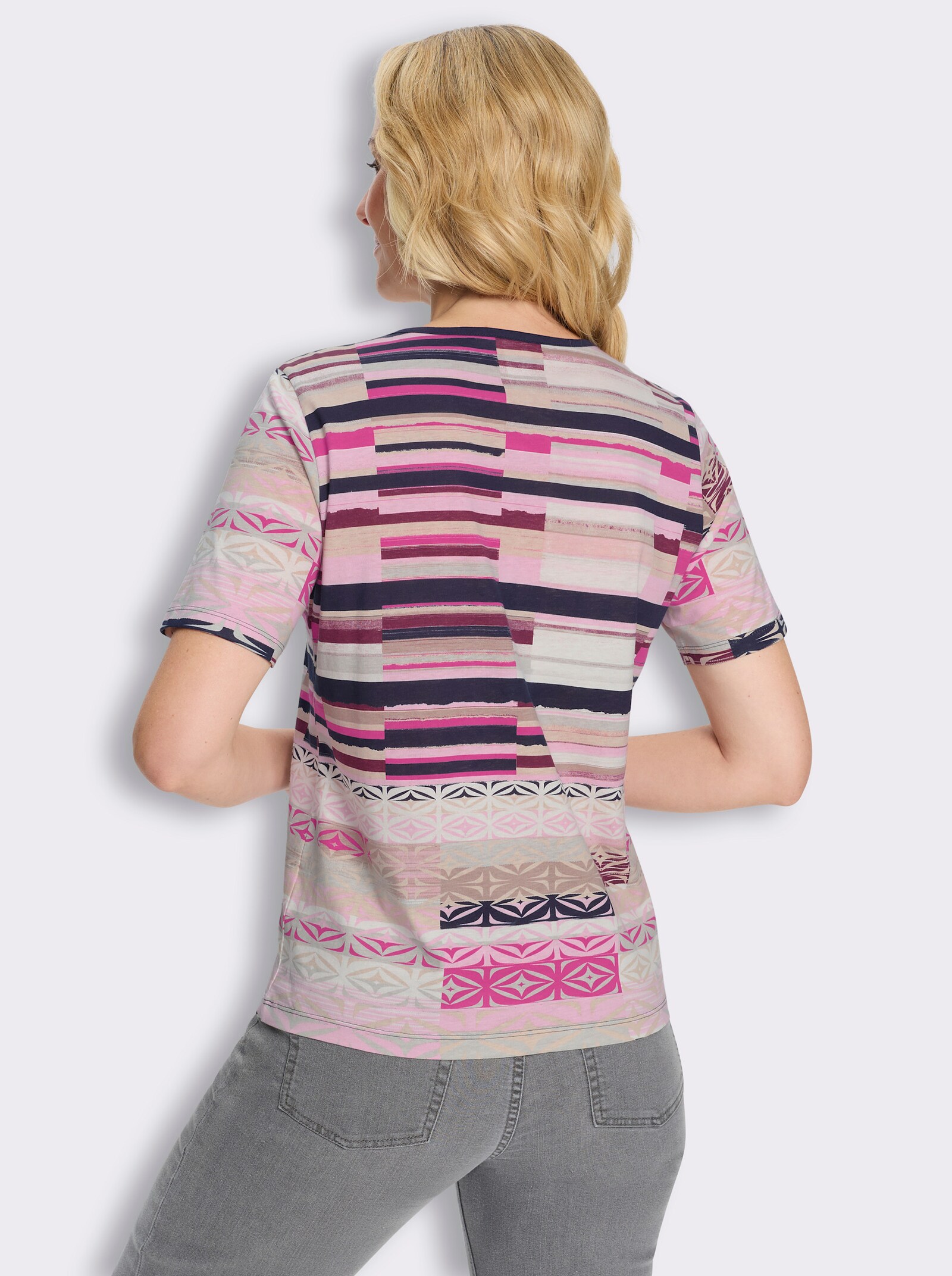Kurzarmshirt mit grafischem Druck - burgund-rosé-bedruckt