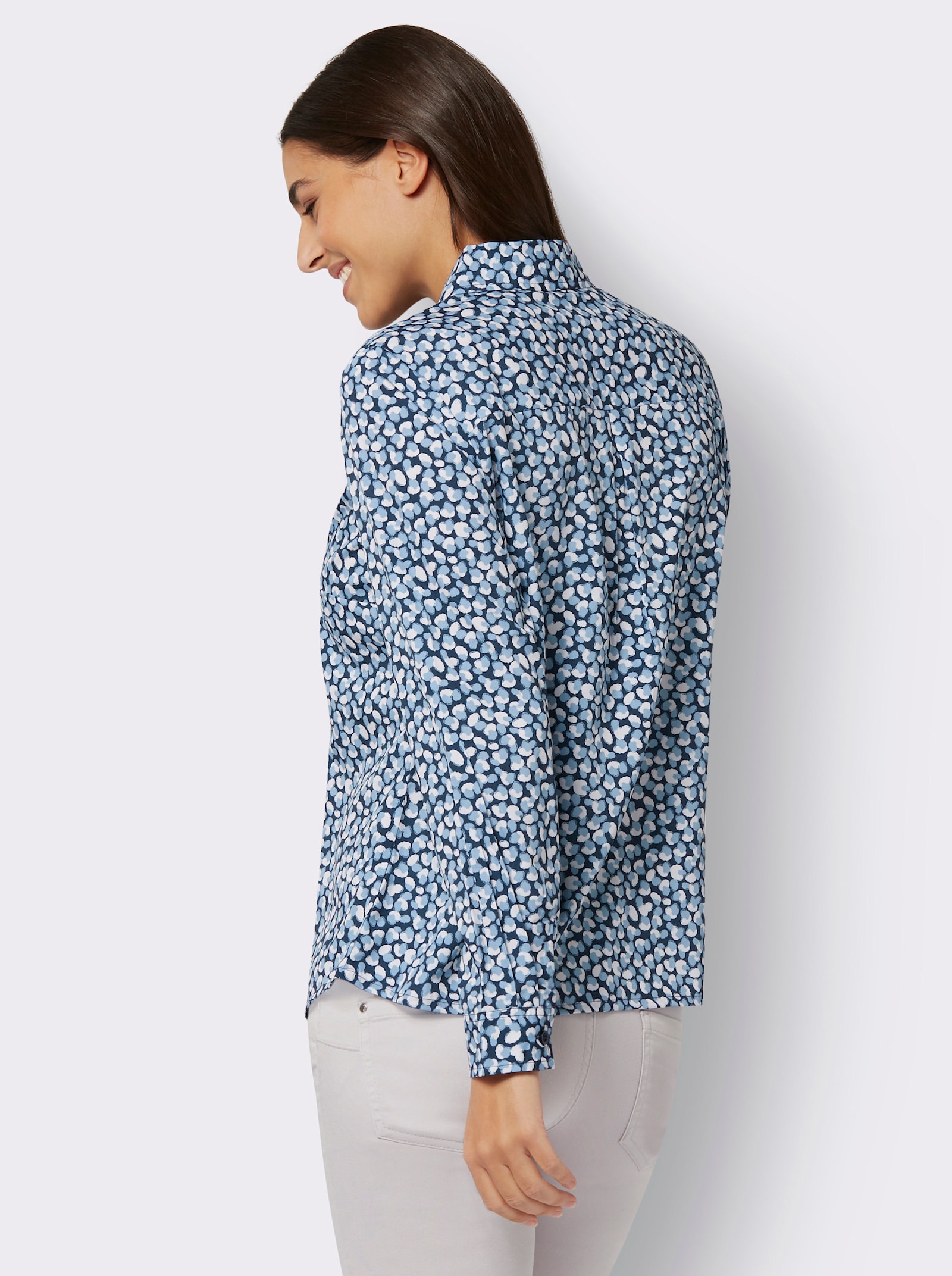 Blouse met lange mouwen en open overhemdkraag - donkerblauw/wit bedrukt