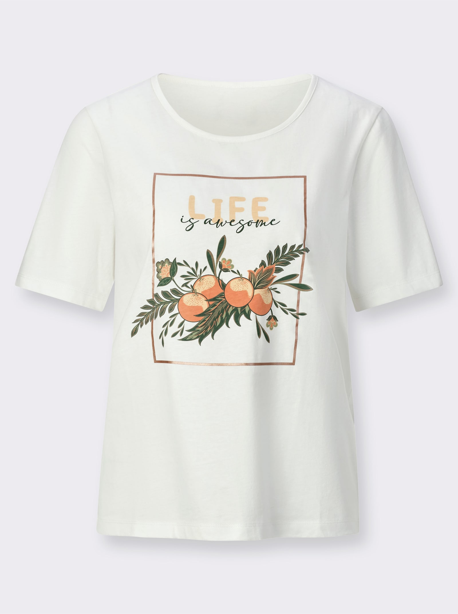 Rundhalsshirt mit Früchte-Print - ecru-papaya