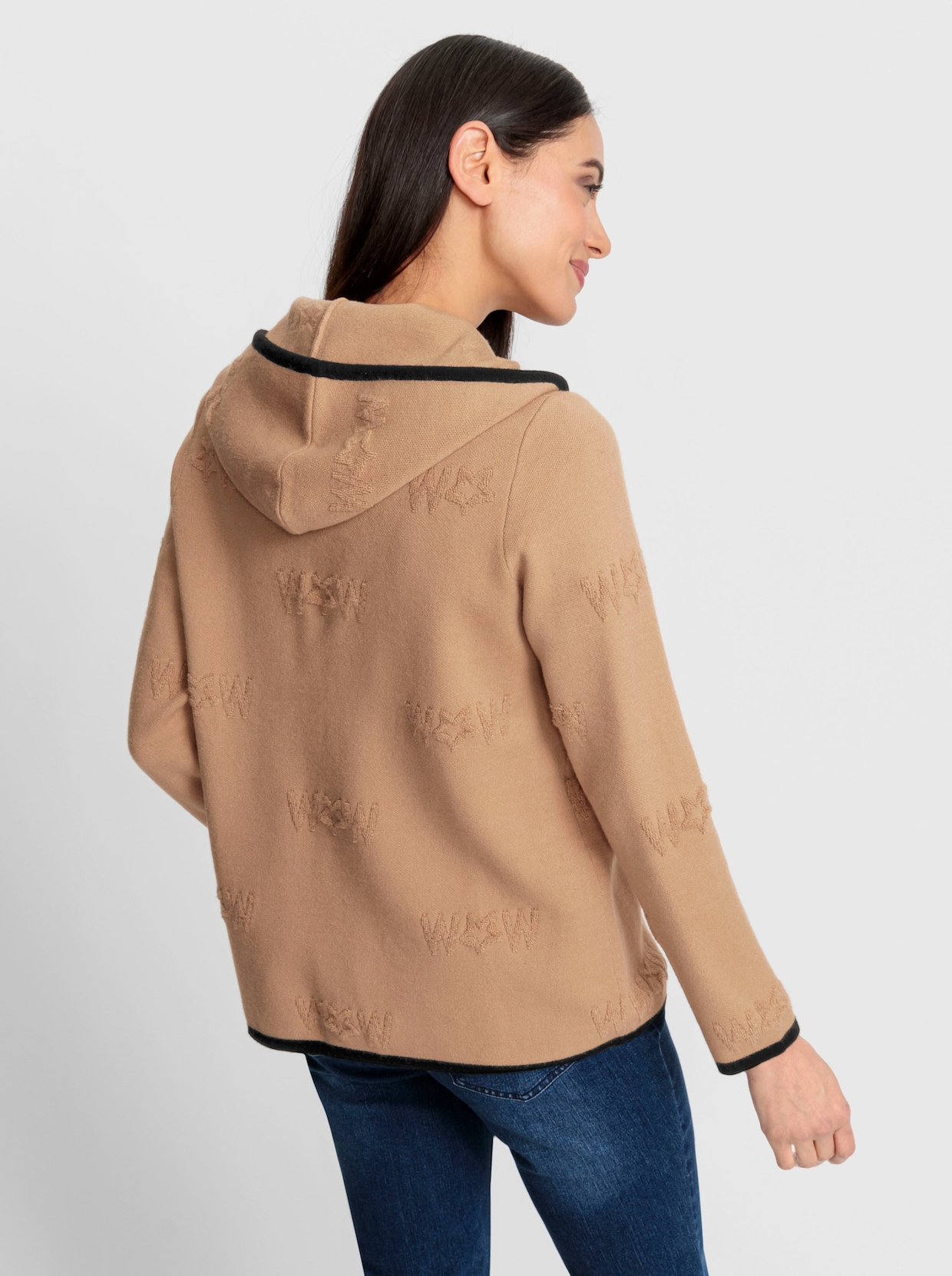heine Gebreid vest met capuchon - camel/zwart gedessineerd