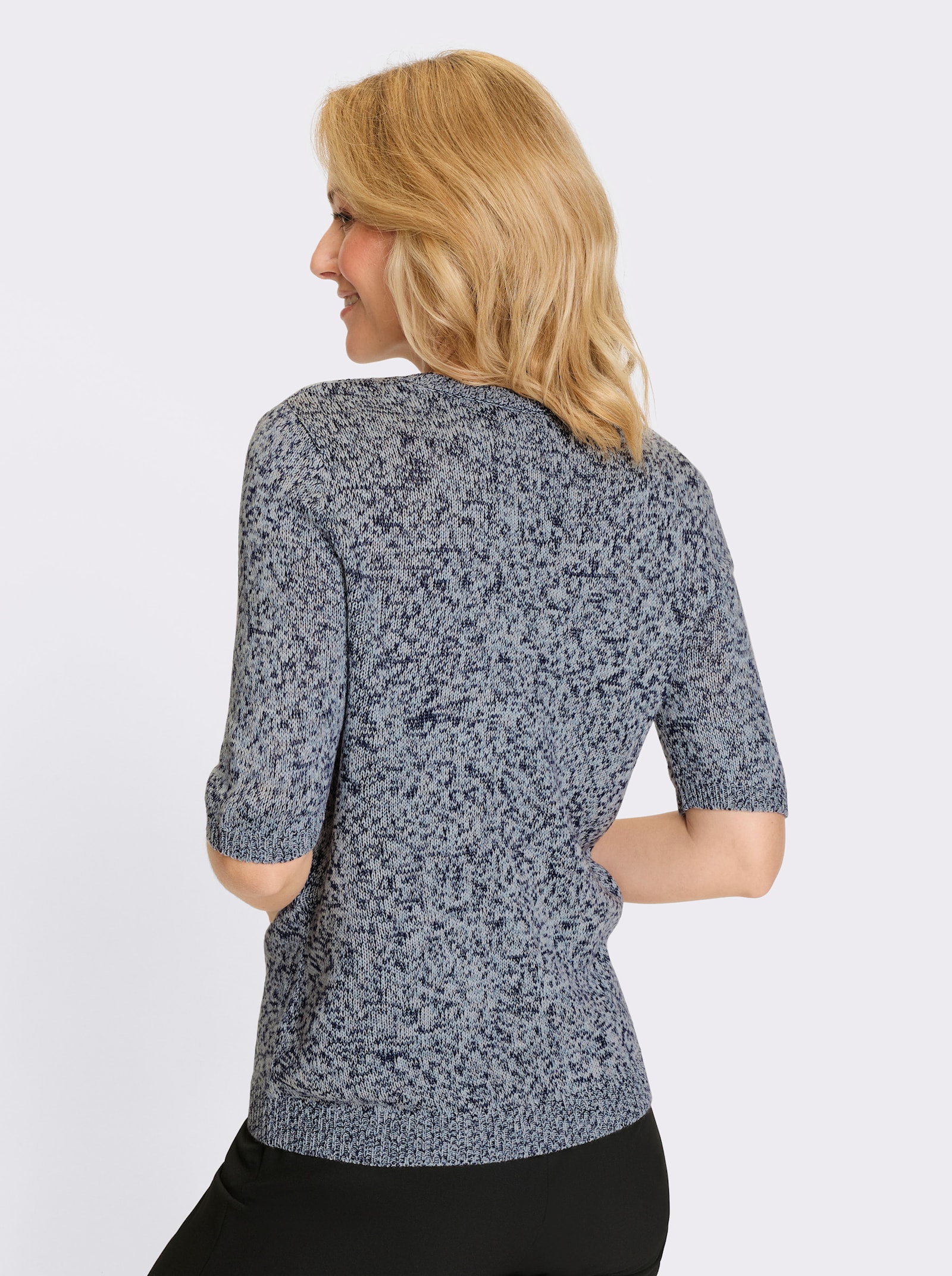 Kurzarmpullover in Melange-Optik - marine-ecru-meliert