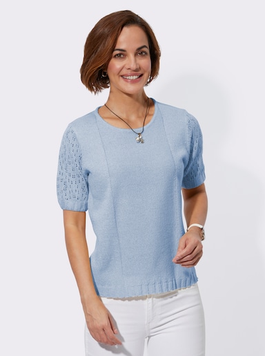Bouclé-Pullover mit Ajourmuster-Ärmeln - eisblau