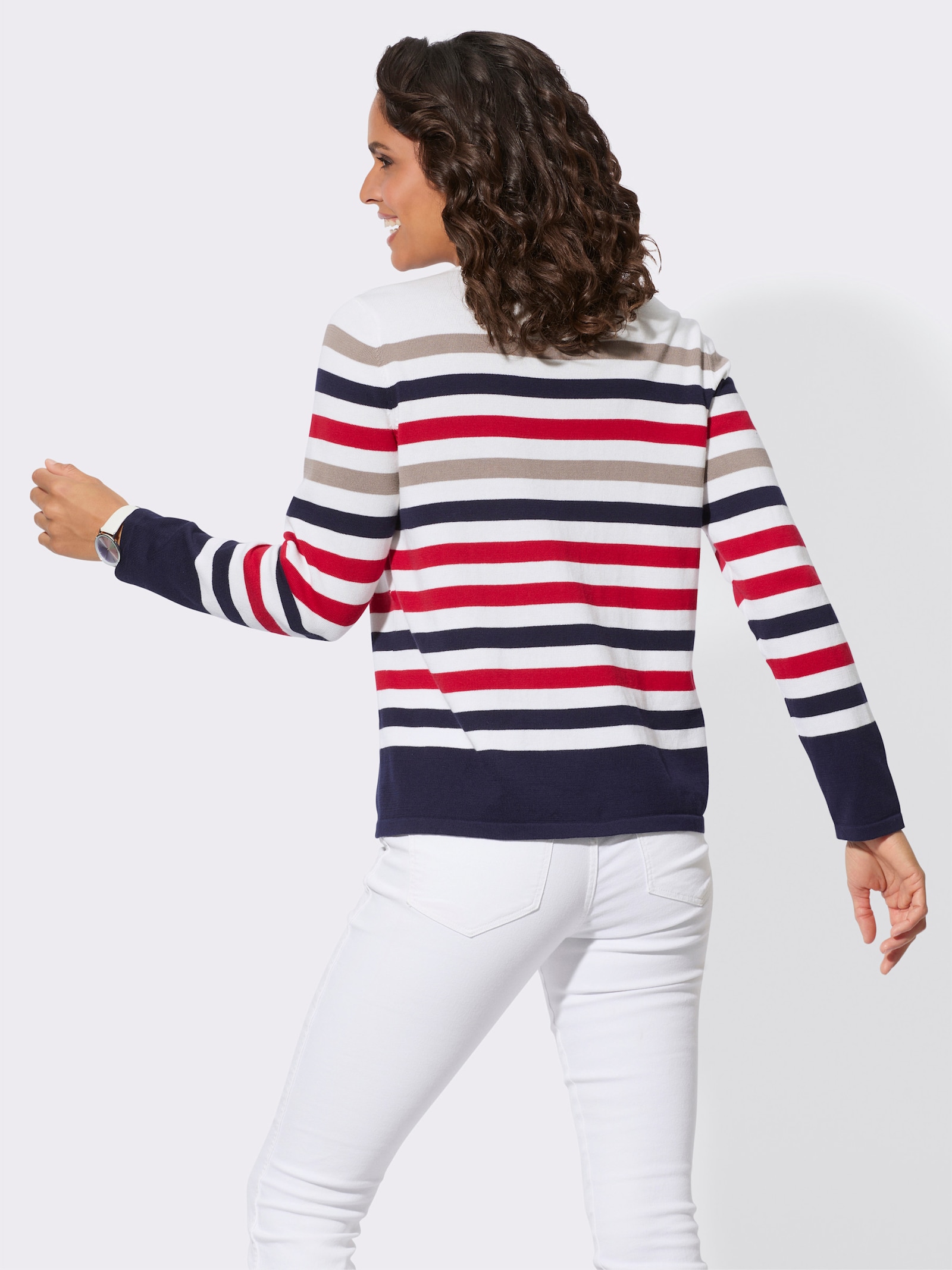 Feinstrickpullover mit Rundhals-Ausschnitt, geringelt - ecru-rot-geringelt