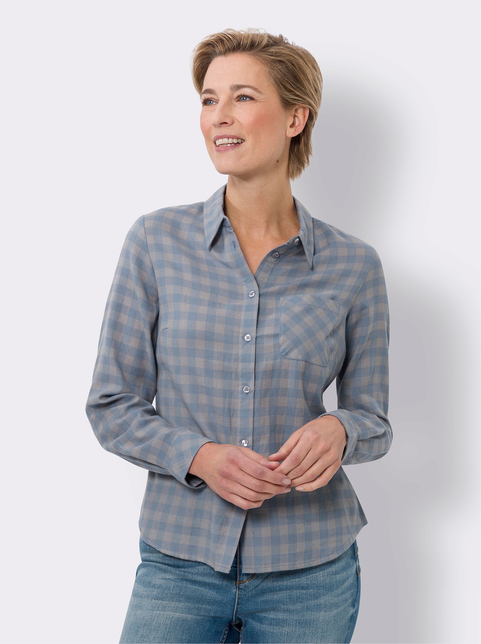 Flanellbluse mit Webkaro - taubenblau-kariert