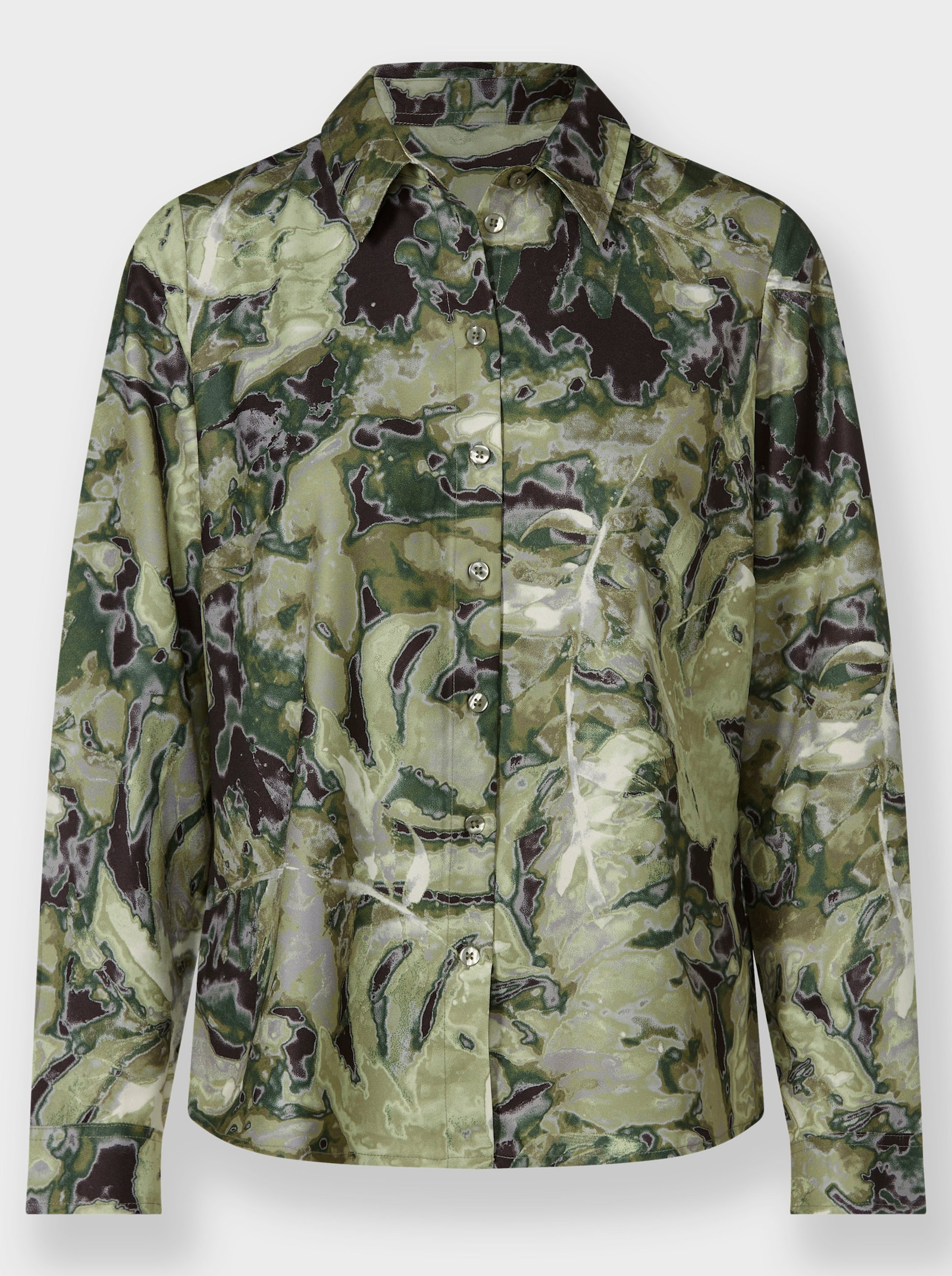 heine Hemdbluse mit leichtem Glanz - khaki-lindgrün-bedruckt