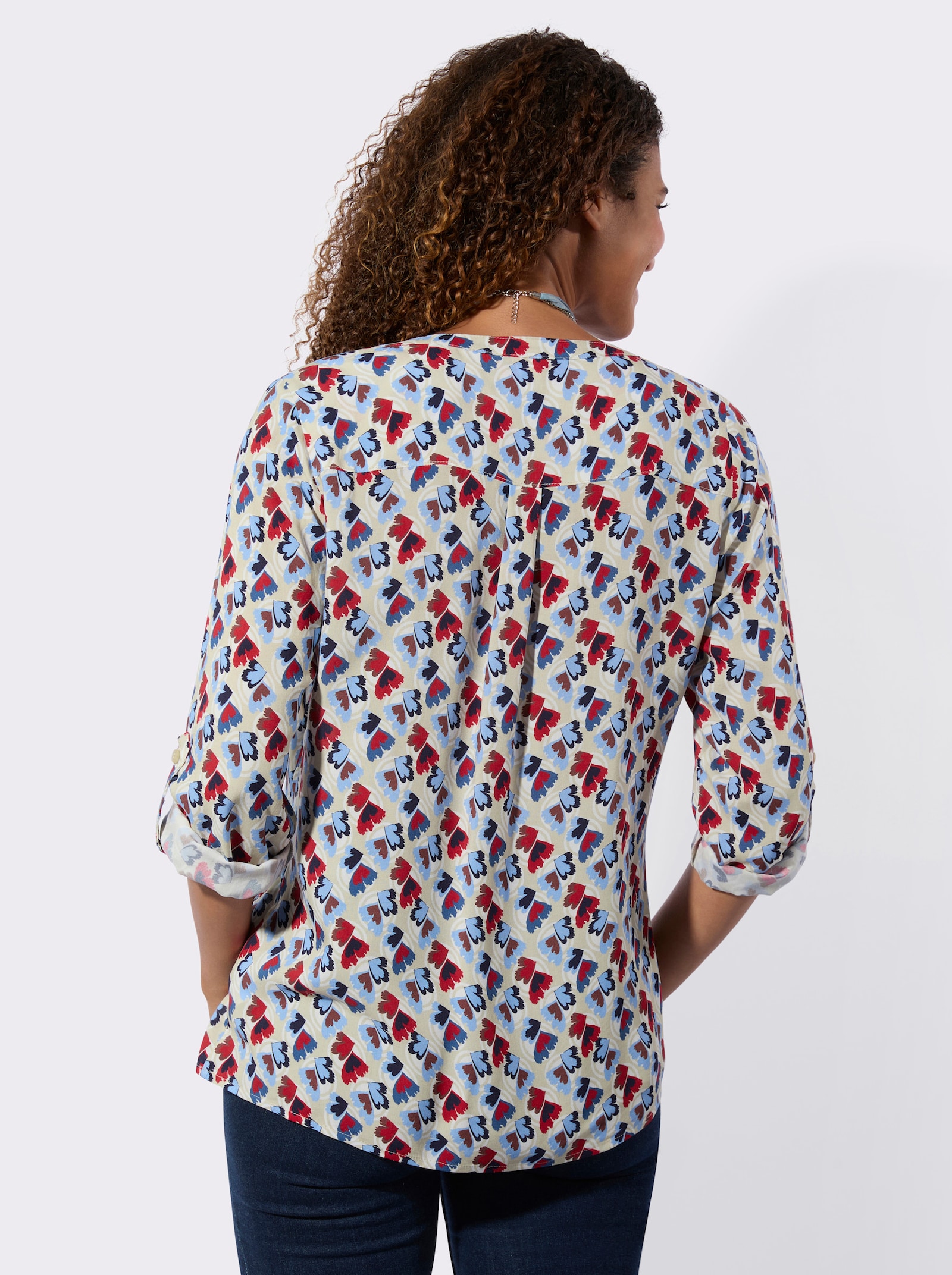Blouse met print en opstroopbare mouwen - hemelsblauw/aardbei bedrukt