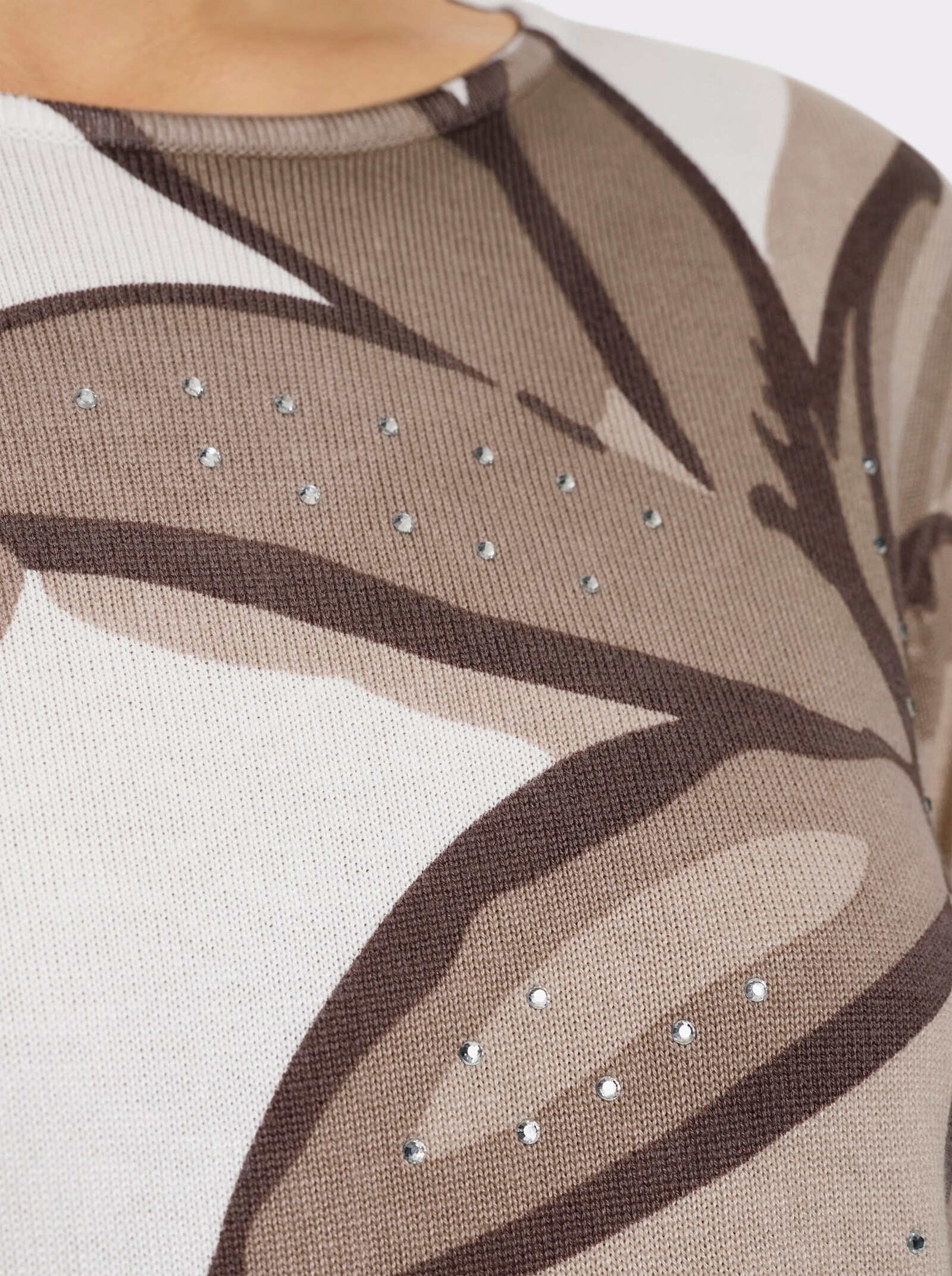 3/4-Arm-Pullover mit Glitzersteinchen - weiß-sesam-bedruckt