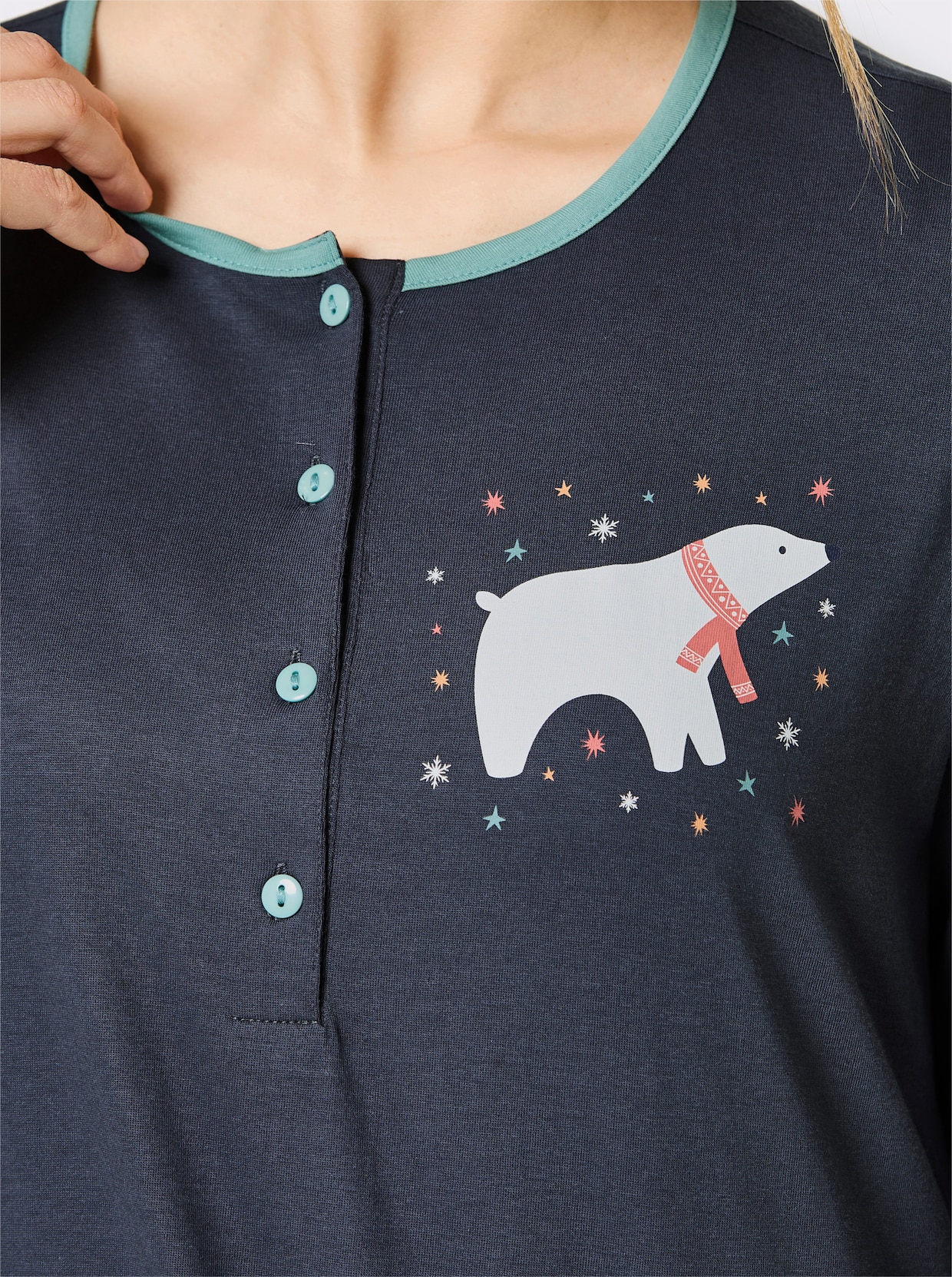 Comtessa Schlafanzugshirt mit kontrastfarbigen Ziernähten - jeansblau-ozean