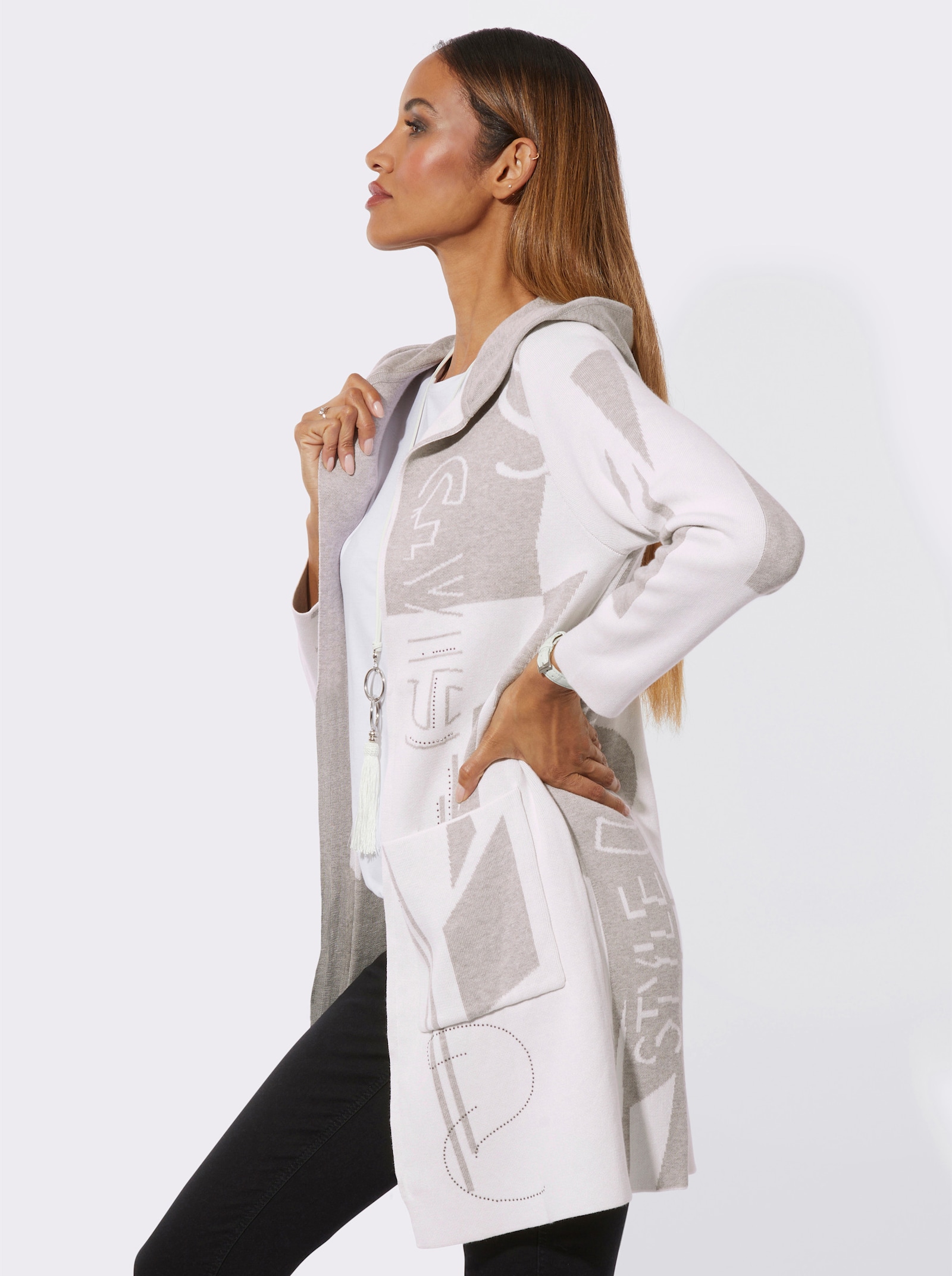 Veste longue en tricot au motif jacquard - écru-gris clair à motifs