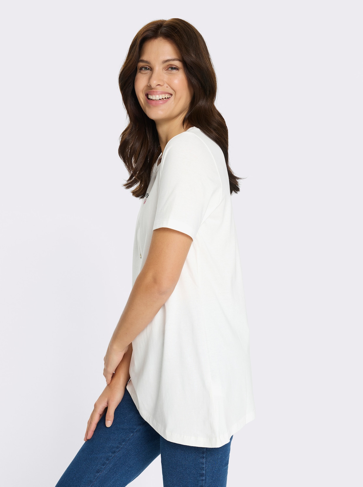 Tunikashirt mit schrägem Saum - ecru-pink