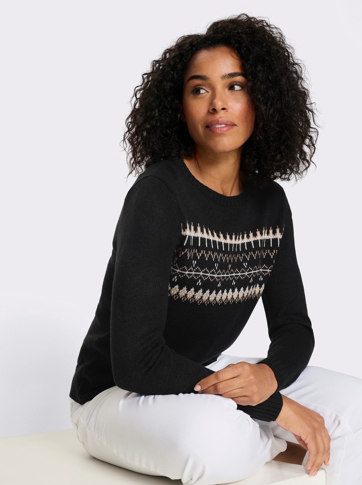 Pullover met lange mouwen en jacquardpatroon - zwart/camel gedessineerd