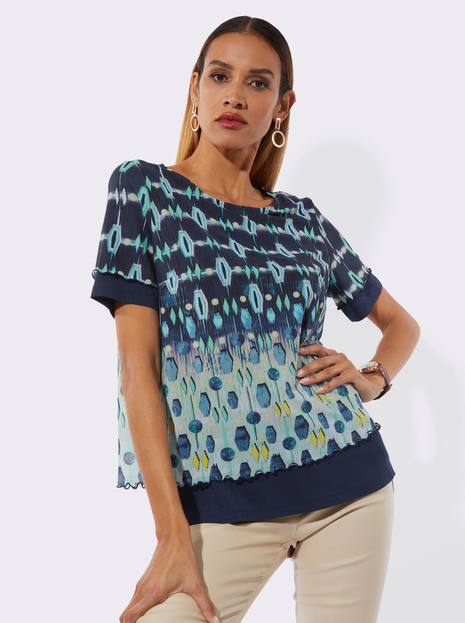 Rundhalsshirt im Lagenlook - marine-hellblau-bedruckt