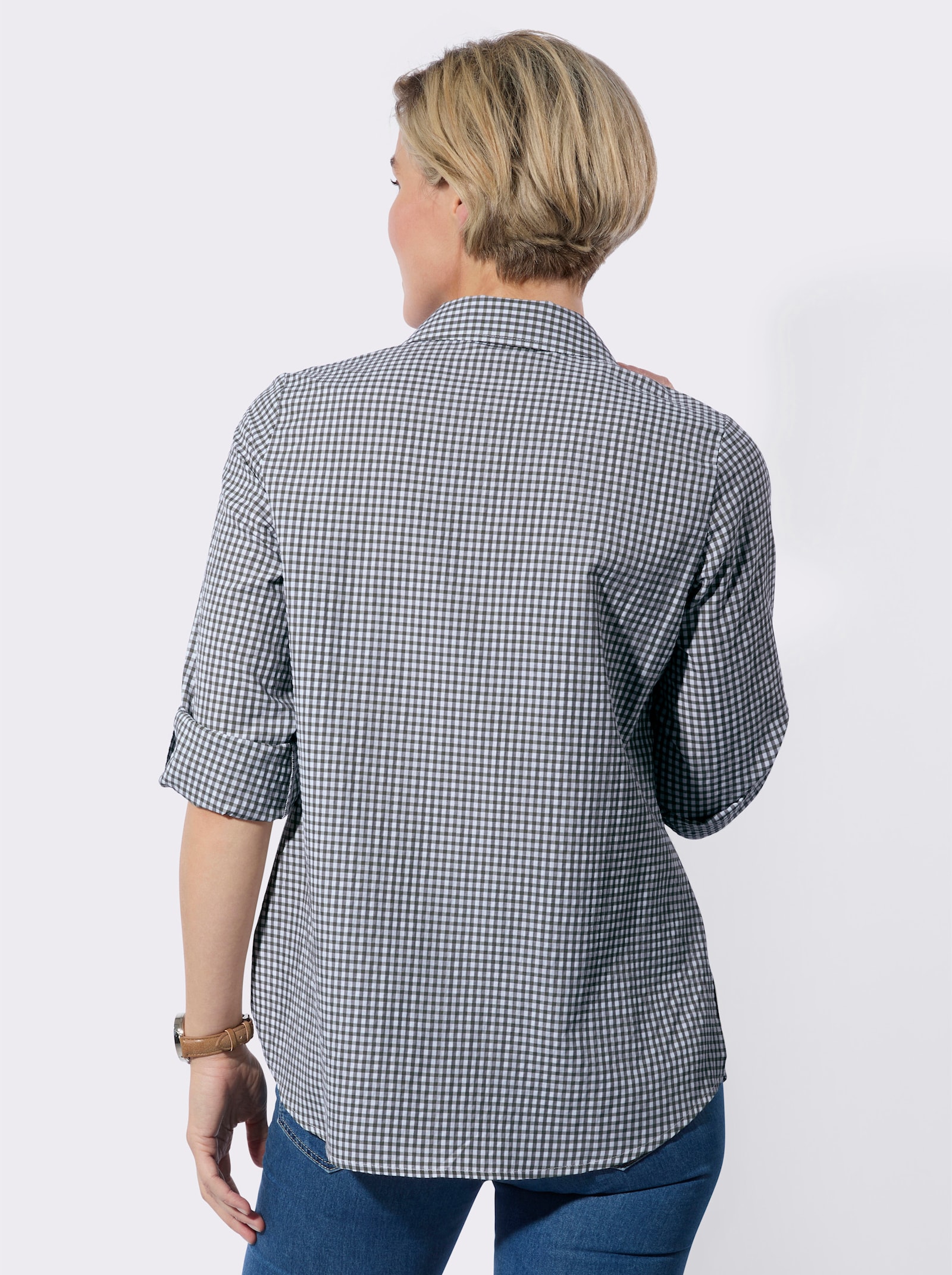 Lange blouse in onderhoudsarme materiaalmix - zwart/wit geruit