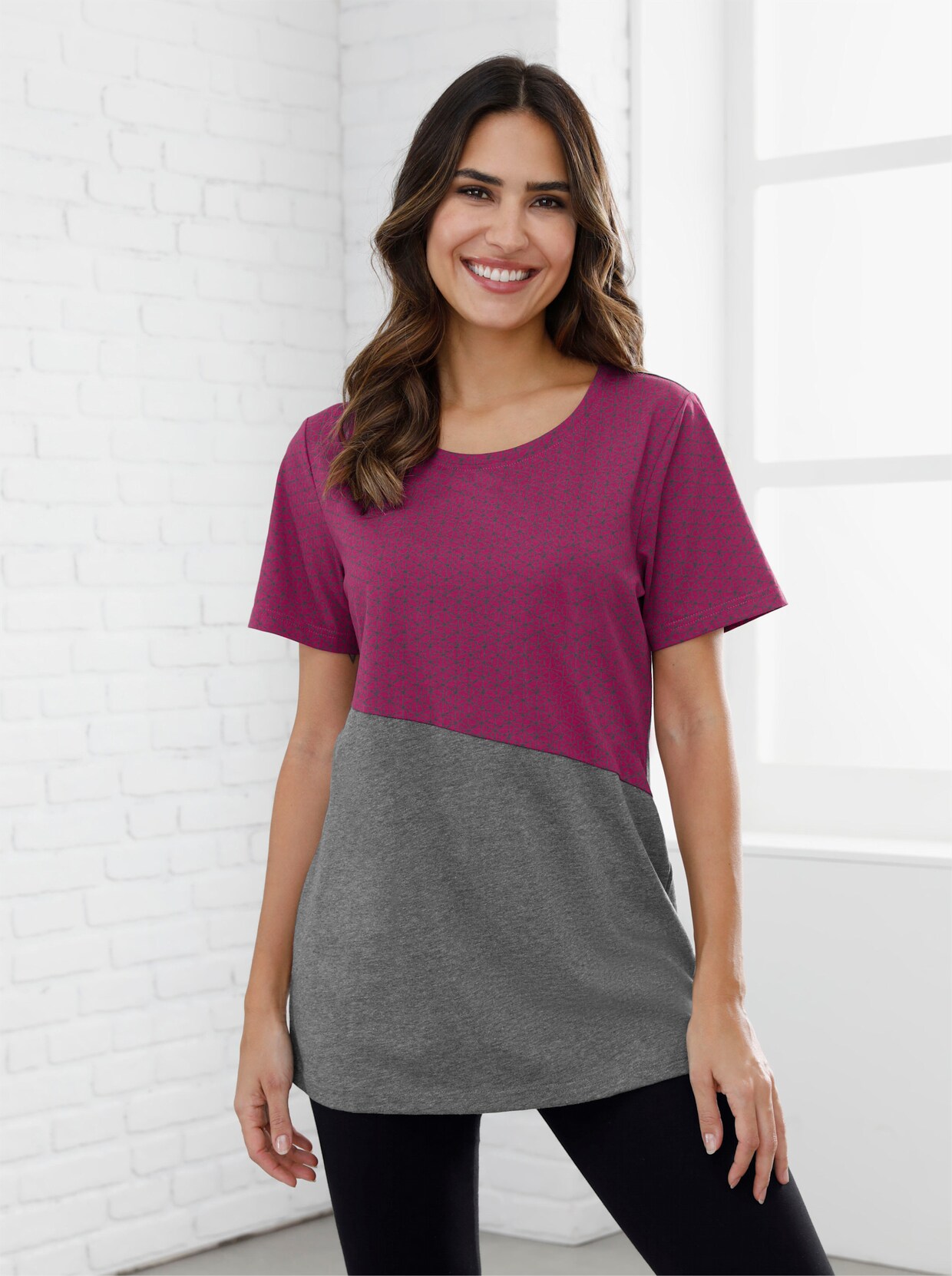 Longshirt - magenta-anthrazit-bedruckt