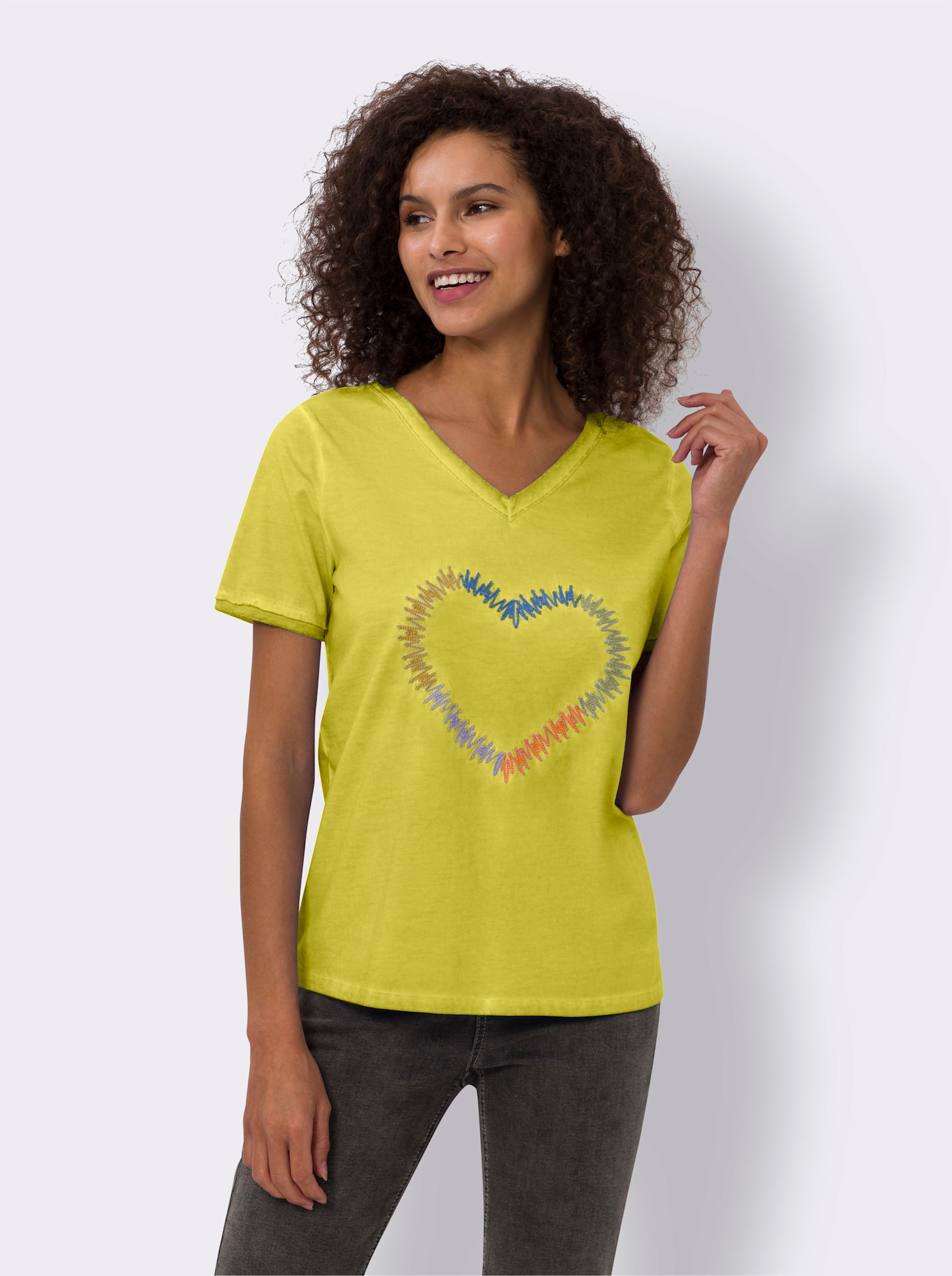 heine T-Shirt mit Herz-Stickerei - limone