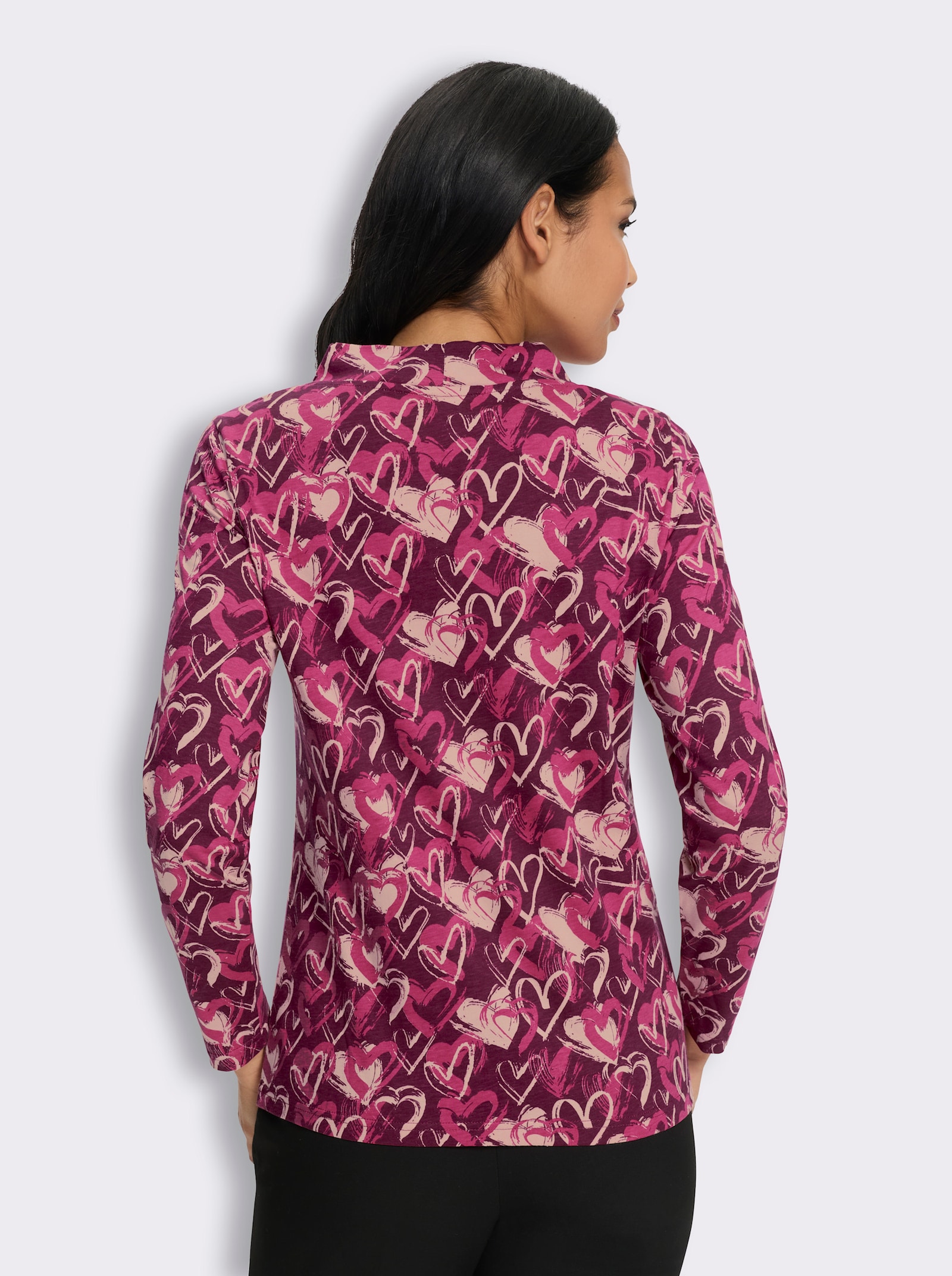 Stehkragenshirt im Herz-Dessin - malve-fuchsia-bedruckt