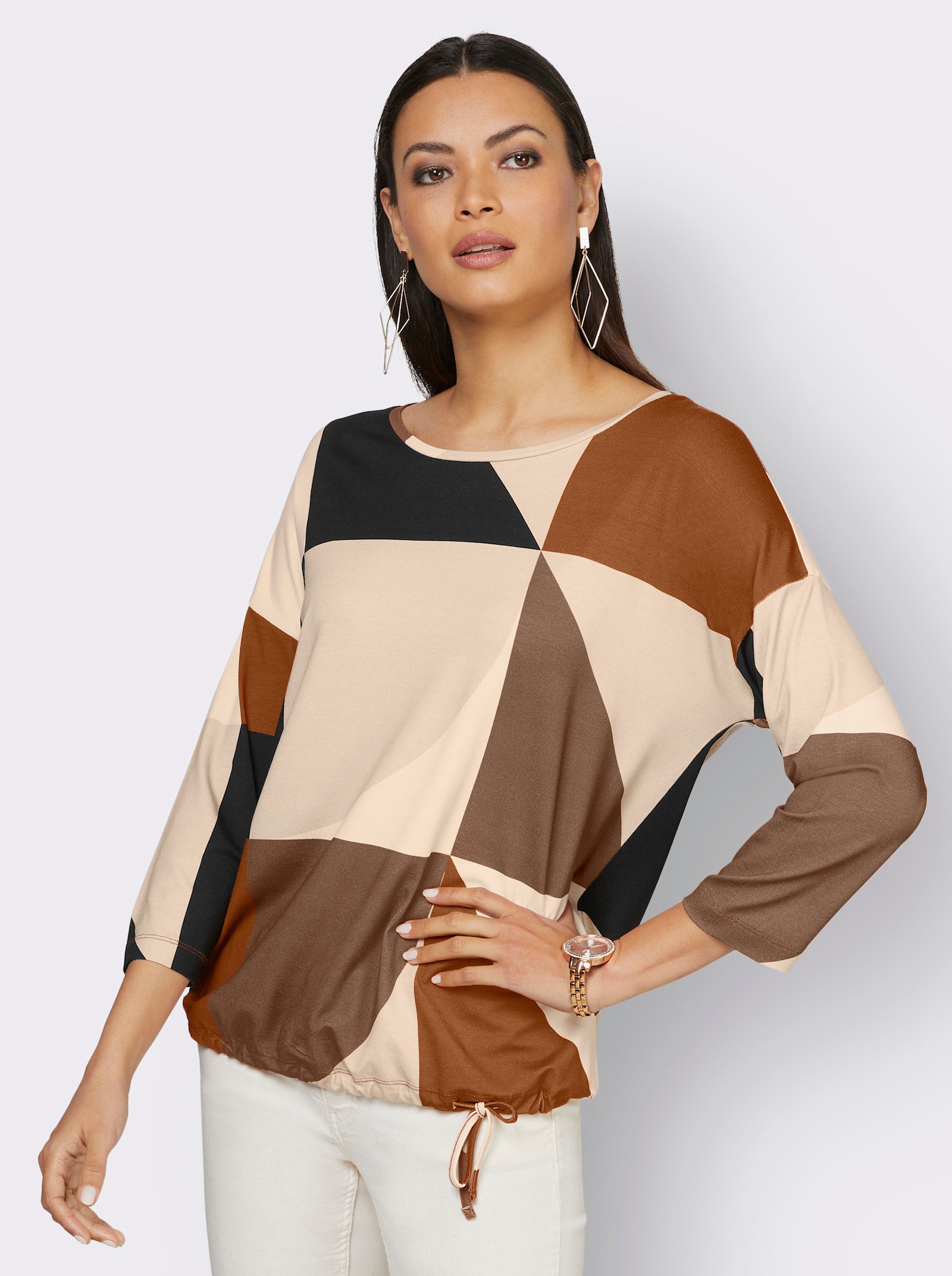 3/4-Arm-Shirt mit Tunnelzug am Saum - champagner-cognac-bedruckt