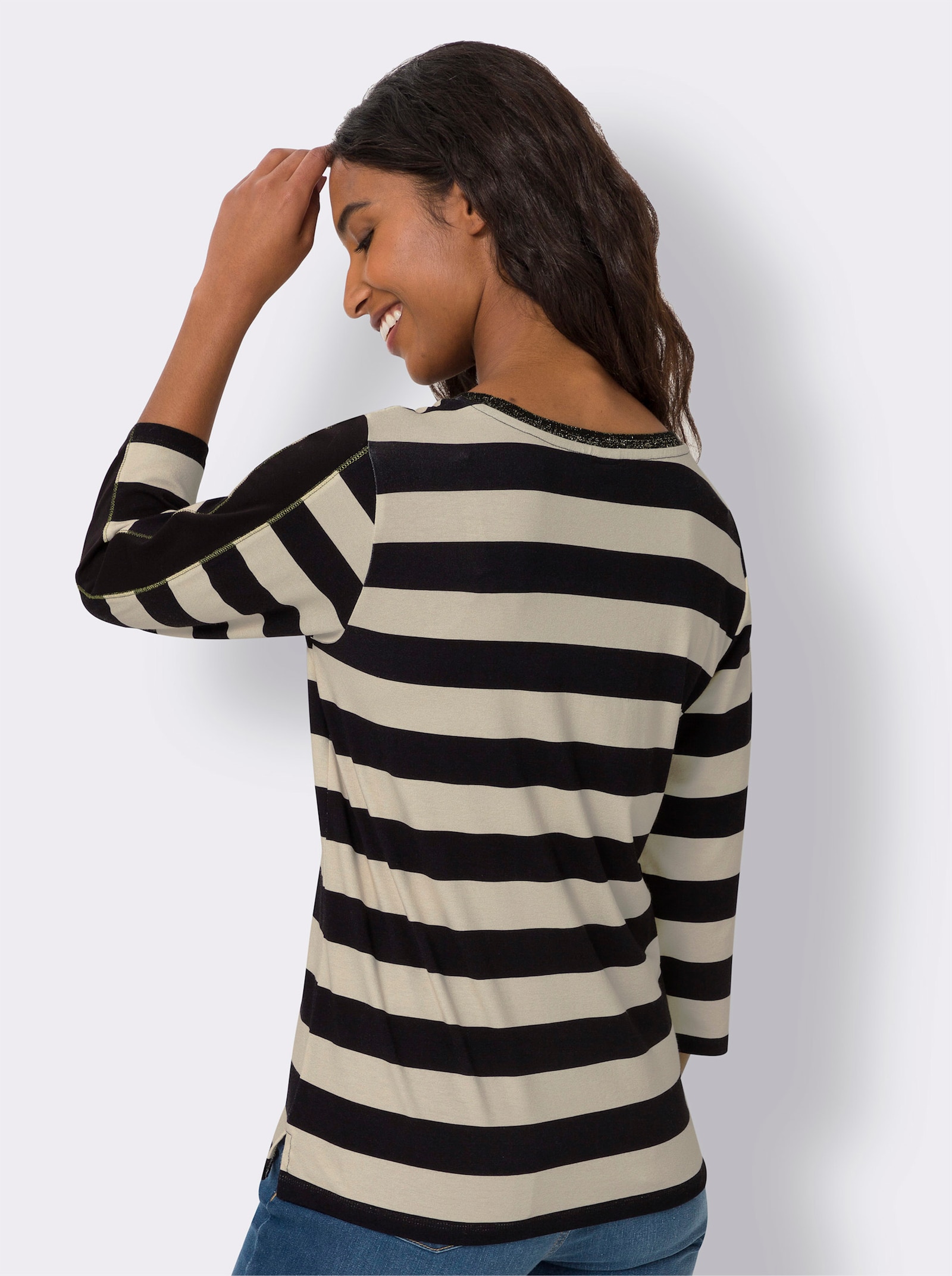 heine T-shirt à manches 3/4 avec fils brillants - noir-café au lait à rayures fines