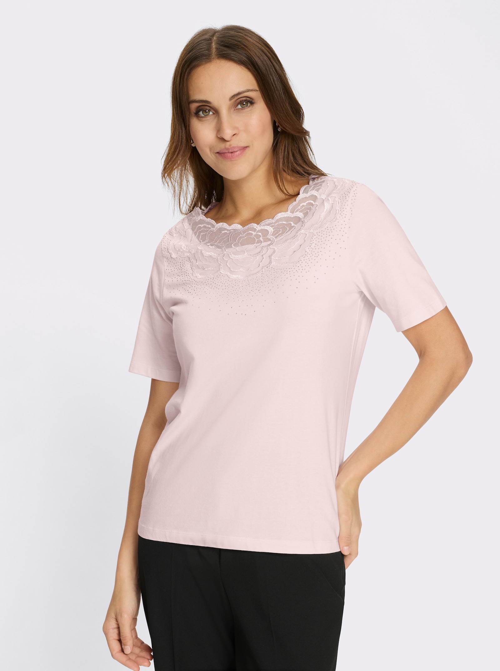 Kurzarmshirt mit Spitzeneinsatz - hellrosé