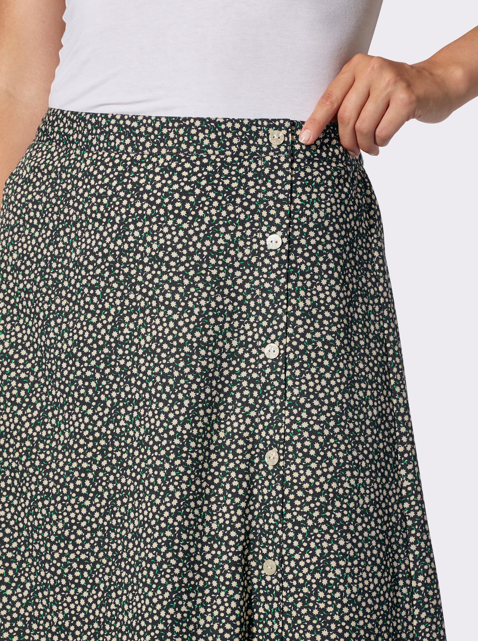 Schlupfrock mit Zierknopfleiste - schwarz-gelb-bedruckt