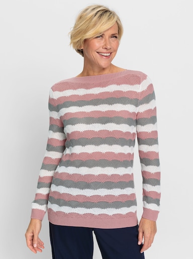 Langarm-Pullover mit Einstrickmuster - hortensie-steingrau-geringelt