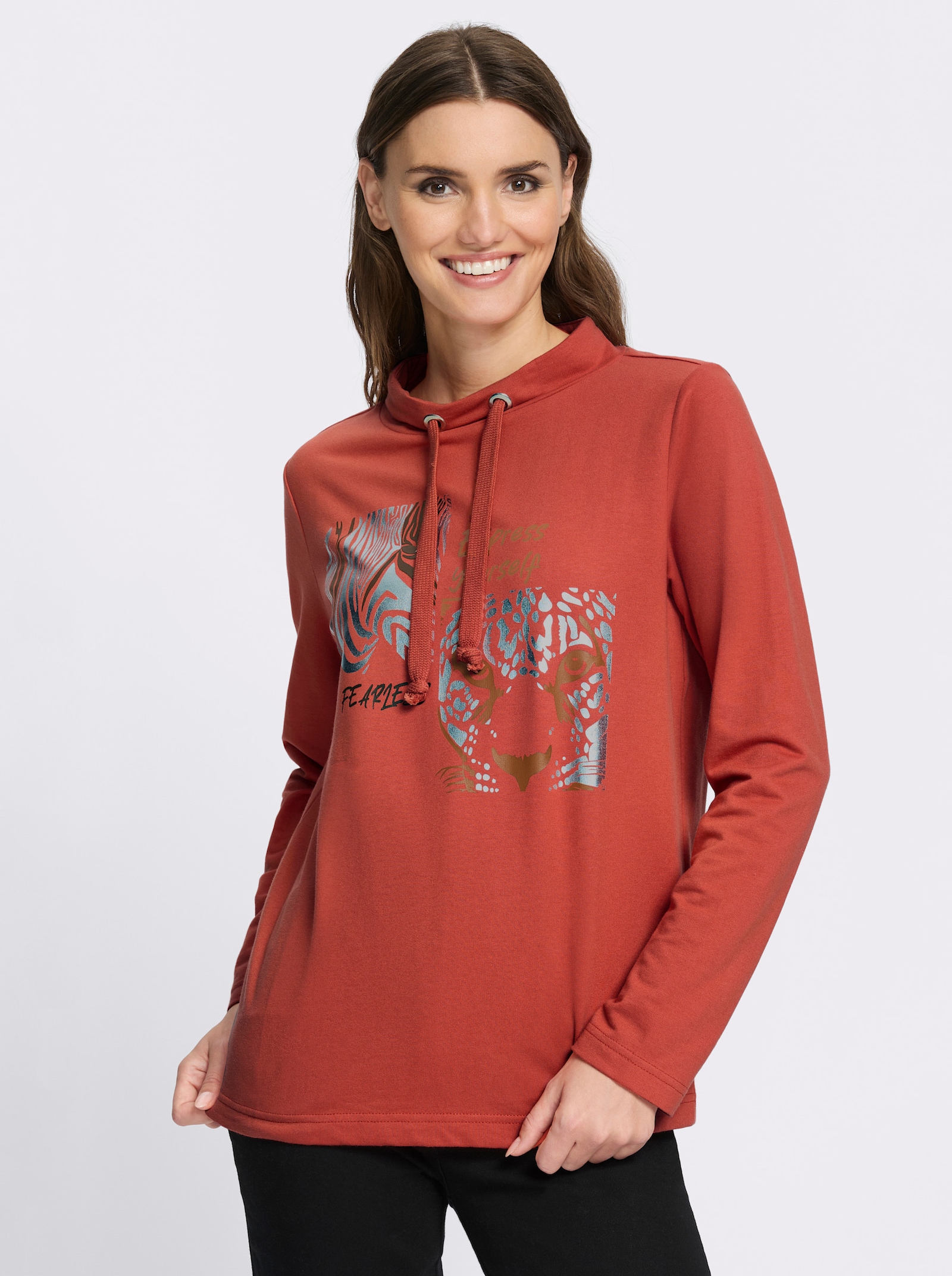 Sweatshirt mit Leo- und Folien-Print - terra-schoko